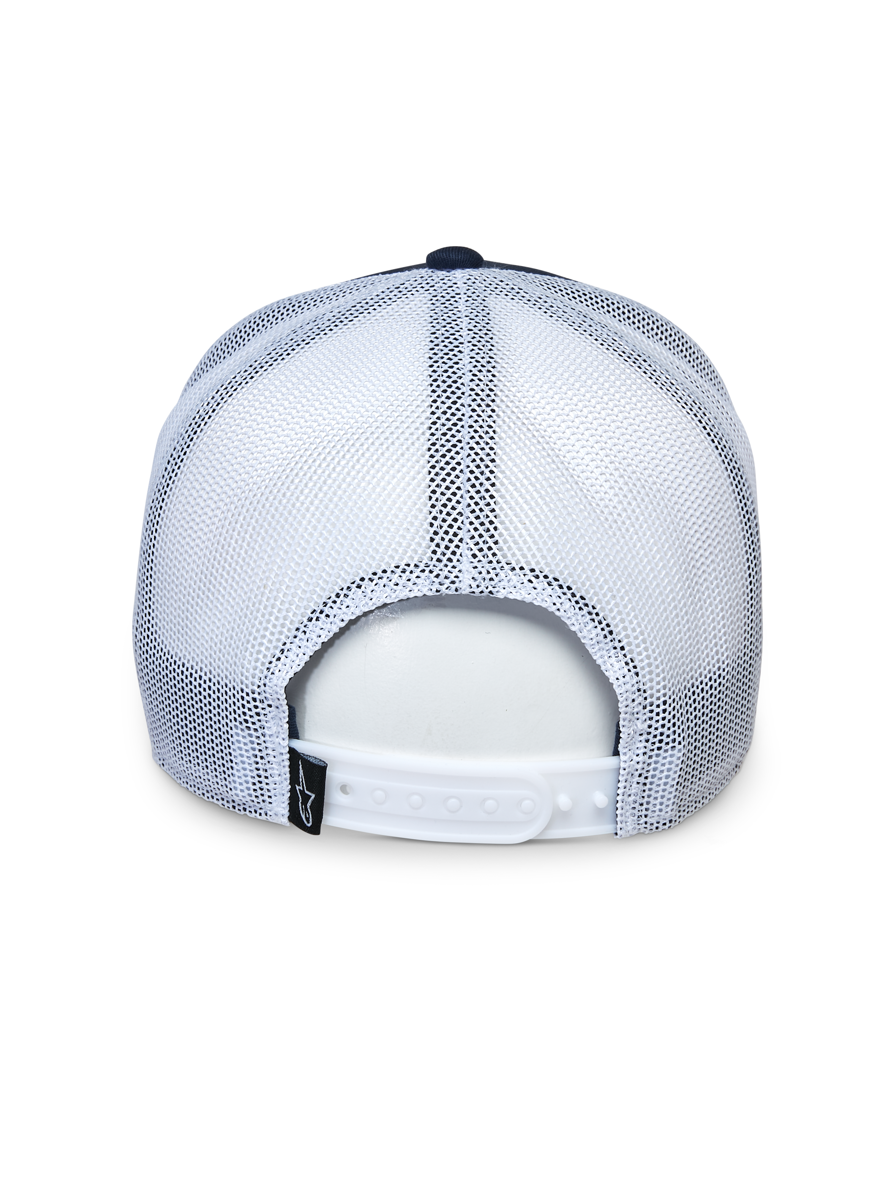 Cappello Alpinestars Selica Trucker, vista posteriore, blu navy e bianco, pannelli in mesh bianco e chiusura snap-back regolabile, piccola etichetta nera con logo, copricapo casual da motorsport
