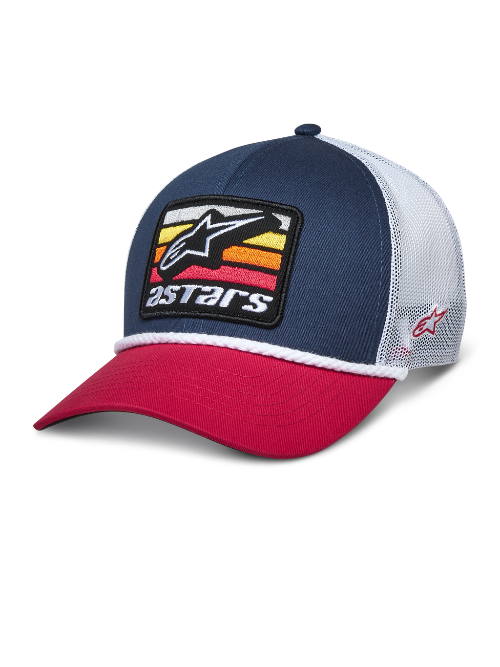 Alpinestars Selica Trucker Hat, cappellino snapback blu navy e rosso con retro in rete bianca, patch frontale ricamata con logo a stella e strisce colorate, rifinitura in corda intrecciata bianca, streetwear casual ispirato al motorsport