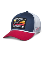 Alpinestars Selica Trucker Hat, cappellino snapback blu navy e rosso con retro in rete bianca, patch frontale ricamata con logo a stella e strisce colorate, rifinitura in corda intrecciata bianca, streetwear casual ispirato al motorsport