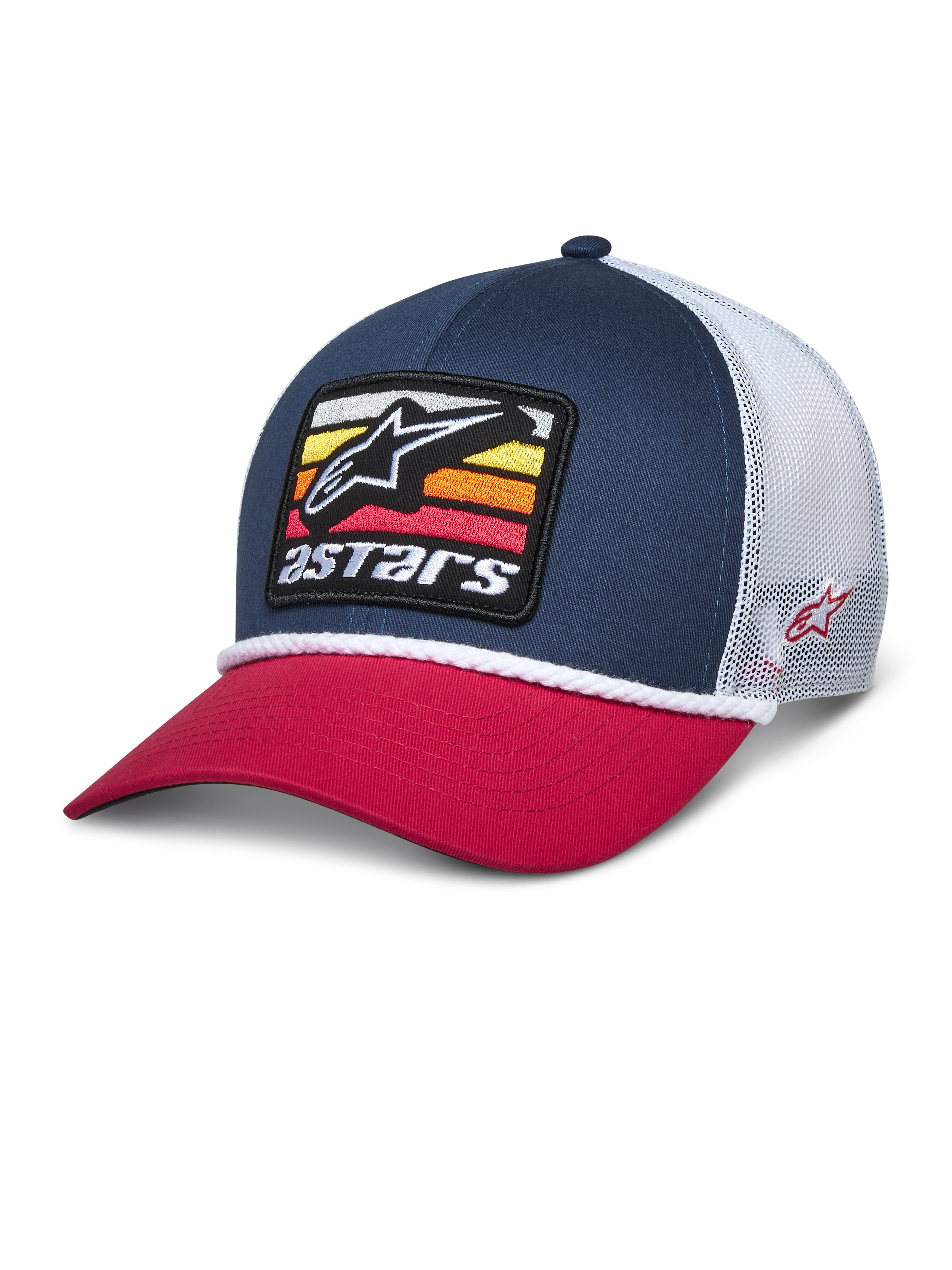 Alpinestars Selica Trucker Hat, cappellino snapback blu navy e rosso con retro in rete bianca, patch frontale ricamata con logo a stella e strisce colorate, rifinitura in corda intrecciata bianca, streetwear casual ispirato al motorsport