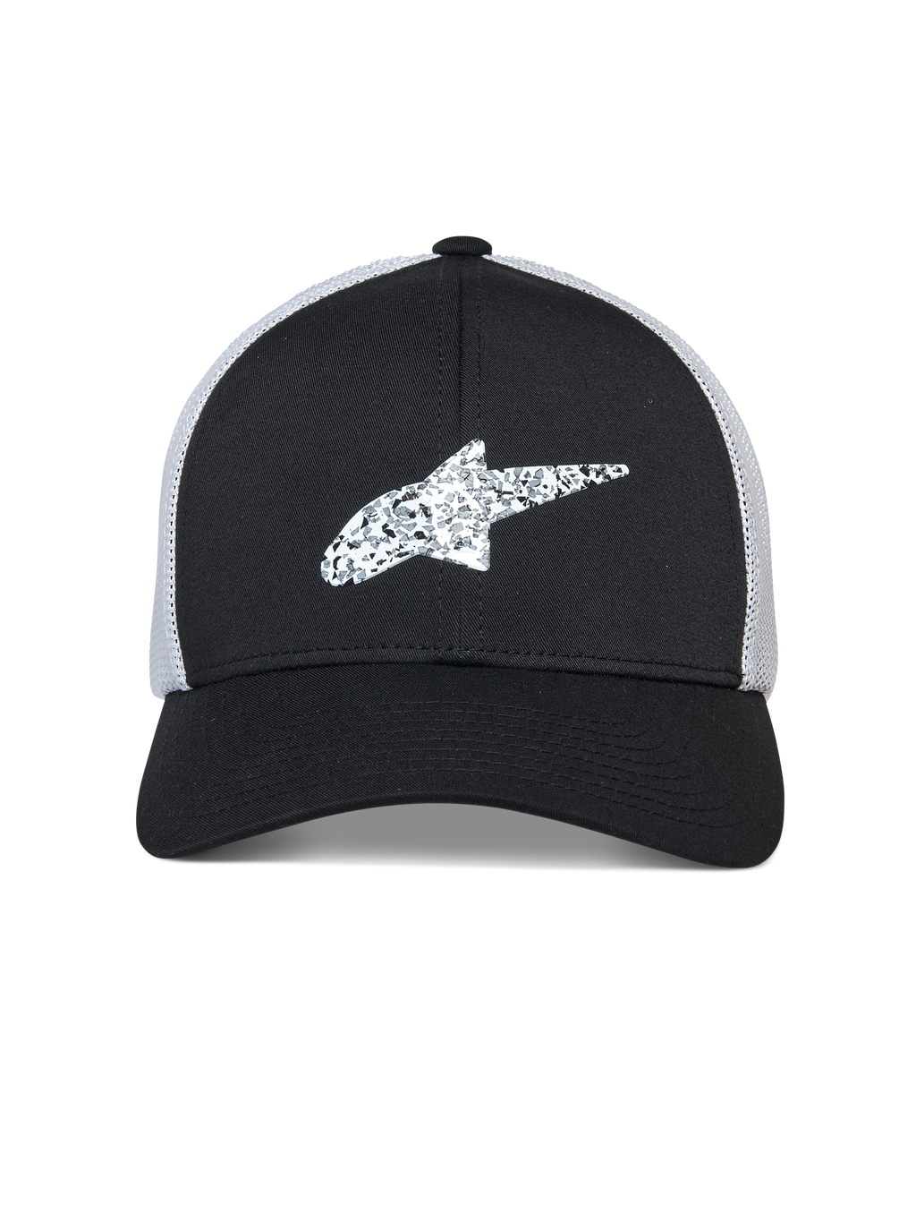 Cappello Trucker Alpinestars Terolithic, cappello sportswear, nero con retro in rete bianca, logo stella Alpinestars bianco testurizzato sul davanti, visiera curva e corona bassa strutturata