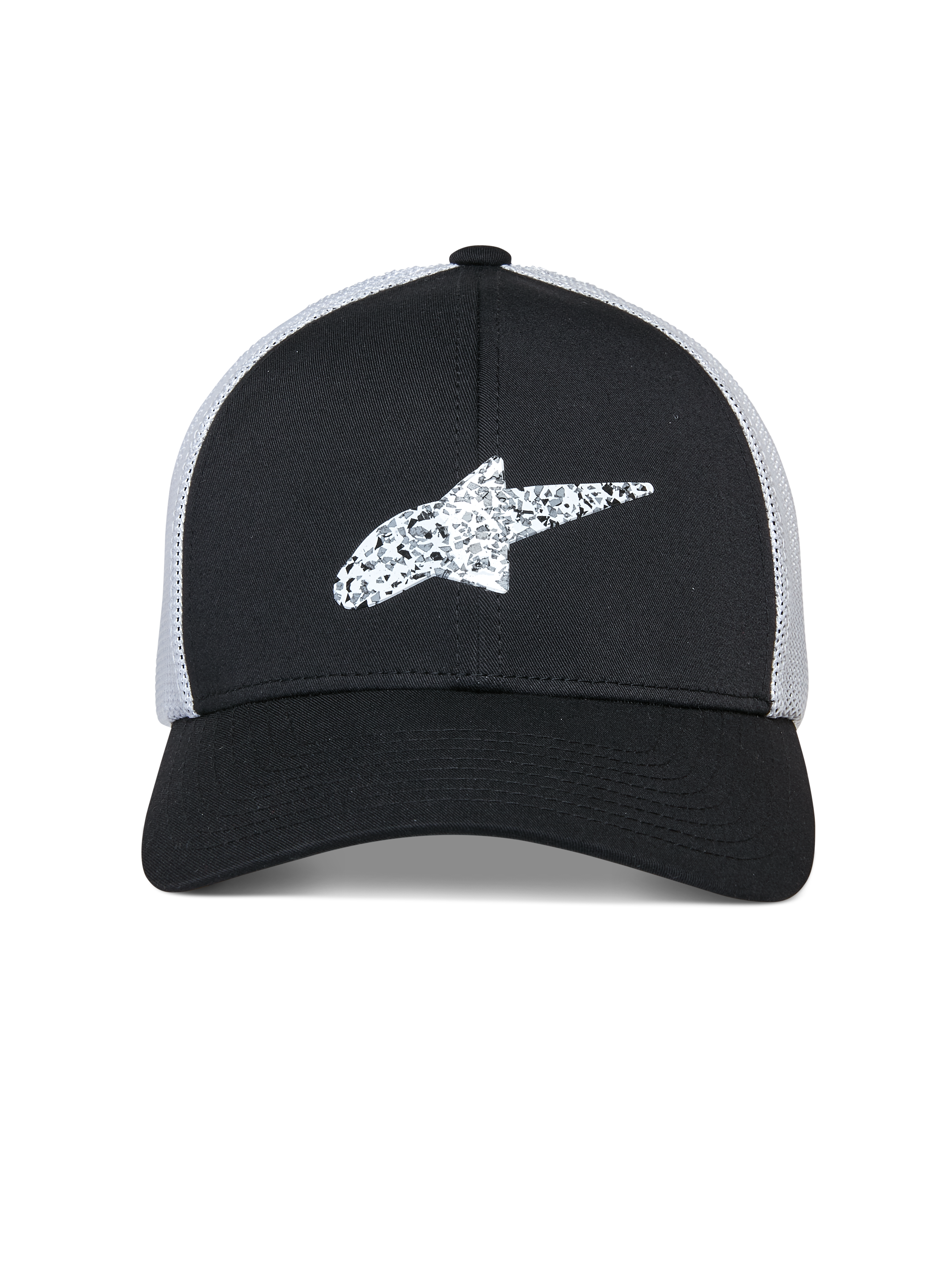 Cappello Trucker Alpinestars Terolithic, cappello sportswear, nero con retro in rete bianca, logo stella Alpinestars bianco testurizzato sul davanti, visiera curva e corona bassa strutturata