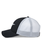 Cappello Trucker Alpinestars Terolithic, profilo laterale, pannelli anteriori neri e visiera curva con pannelli posteriori in rete bianca, cappellino snapback casual sportivo