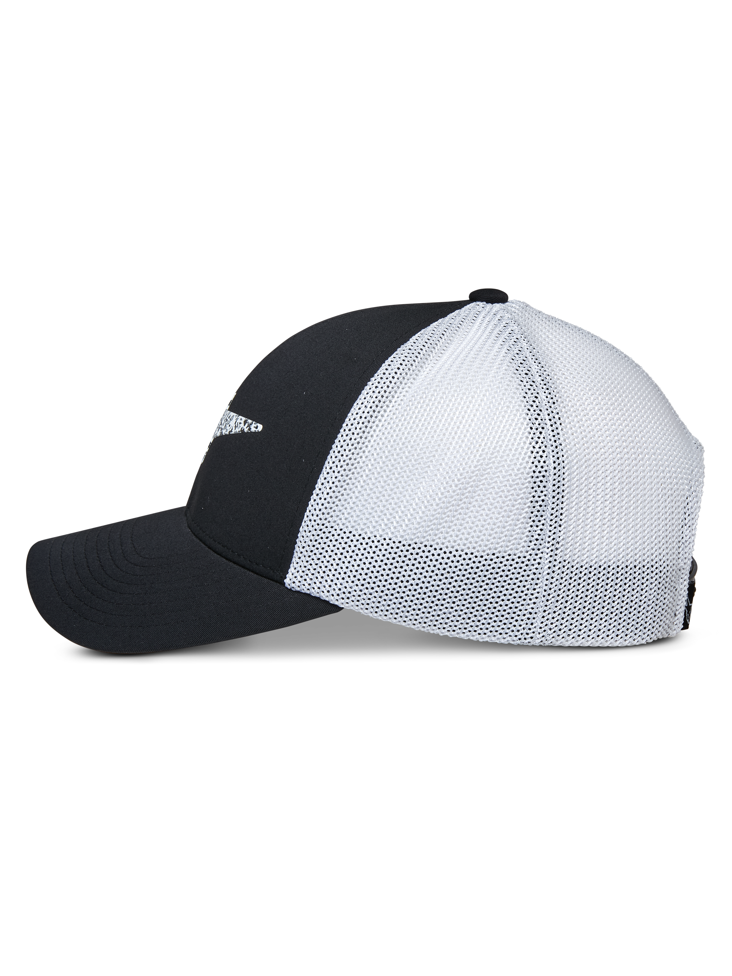 Cappello Trucker Alpinestars Terolithic, profilo laterale, pannelli anteriori neri e visiera curva con pannelli posteriori in rete bianca, cappellino snapback casual sportivo