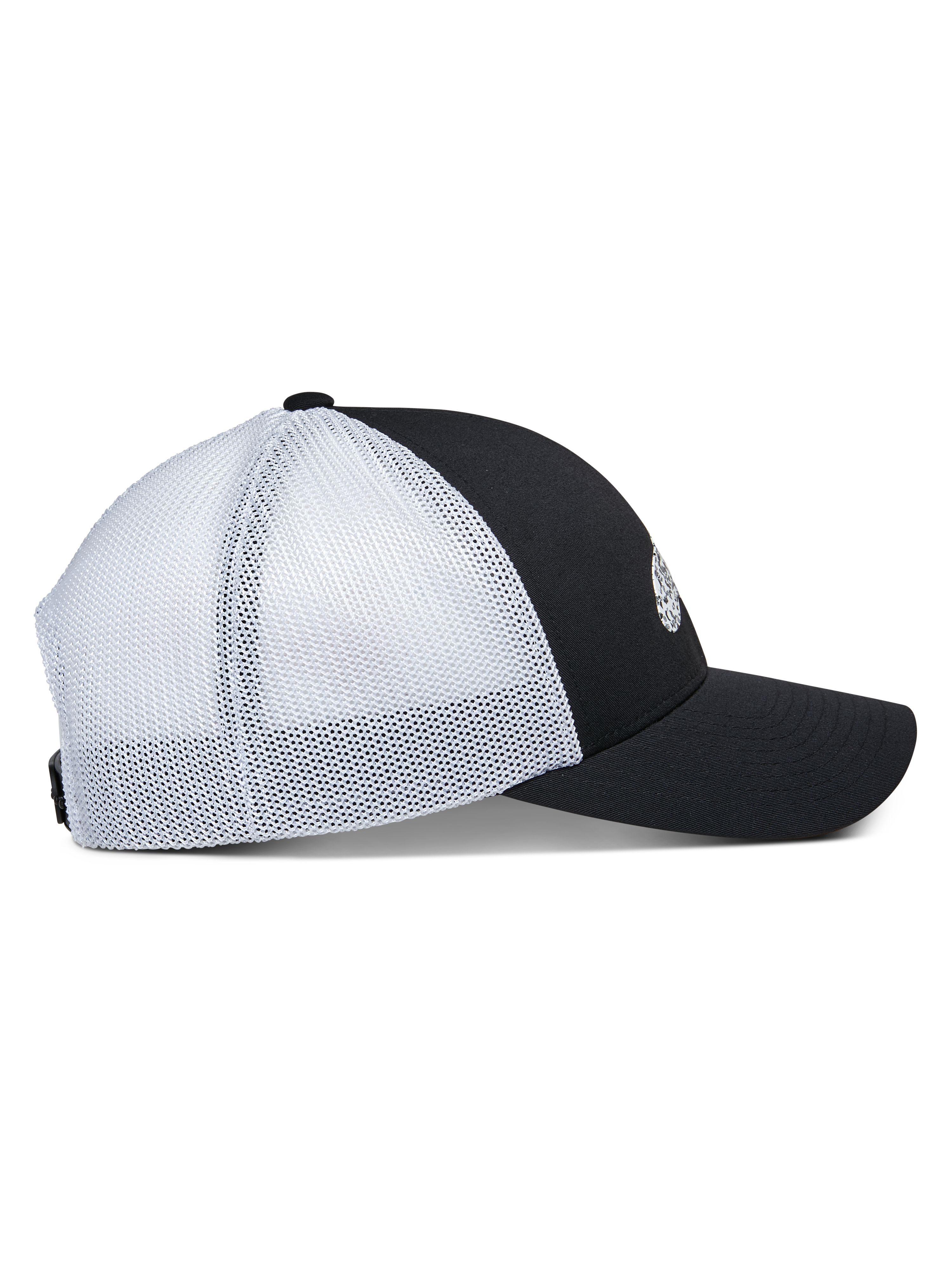 Cappello Trucker Terolithic Alpinestars, vista laterale, pannello frontale nero con visiera curva, pannelli posteriori in rete bianca, corona bassa strutturata, classico copricapo in stile trucker