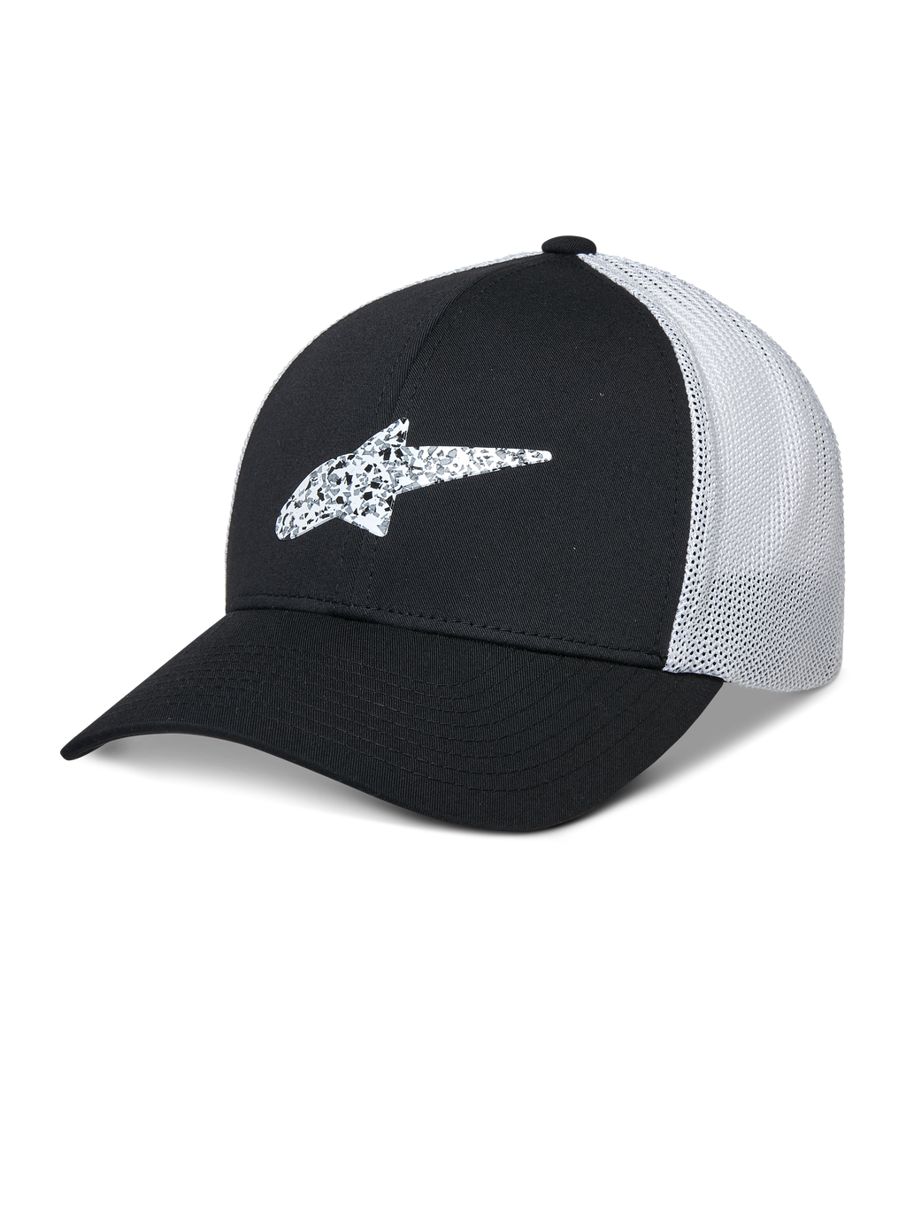 Alpinestars Terolithic Trucker Hat, cappello da baseball nero e bianco con visiera curva, logo a stella in TPU con motivo, pannello posteriore in rete bianca traspirante, design a corona bassa strutturata