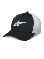 Alpinestars Terolithic Trucker Hat, cappello da baseball nero e bianco con visiera curva, logo a stella in TPU con motivo, pannello posteriore in rete bianca traspirante, design a corona bassa strutturata