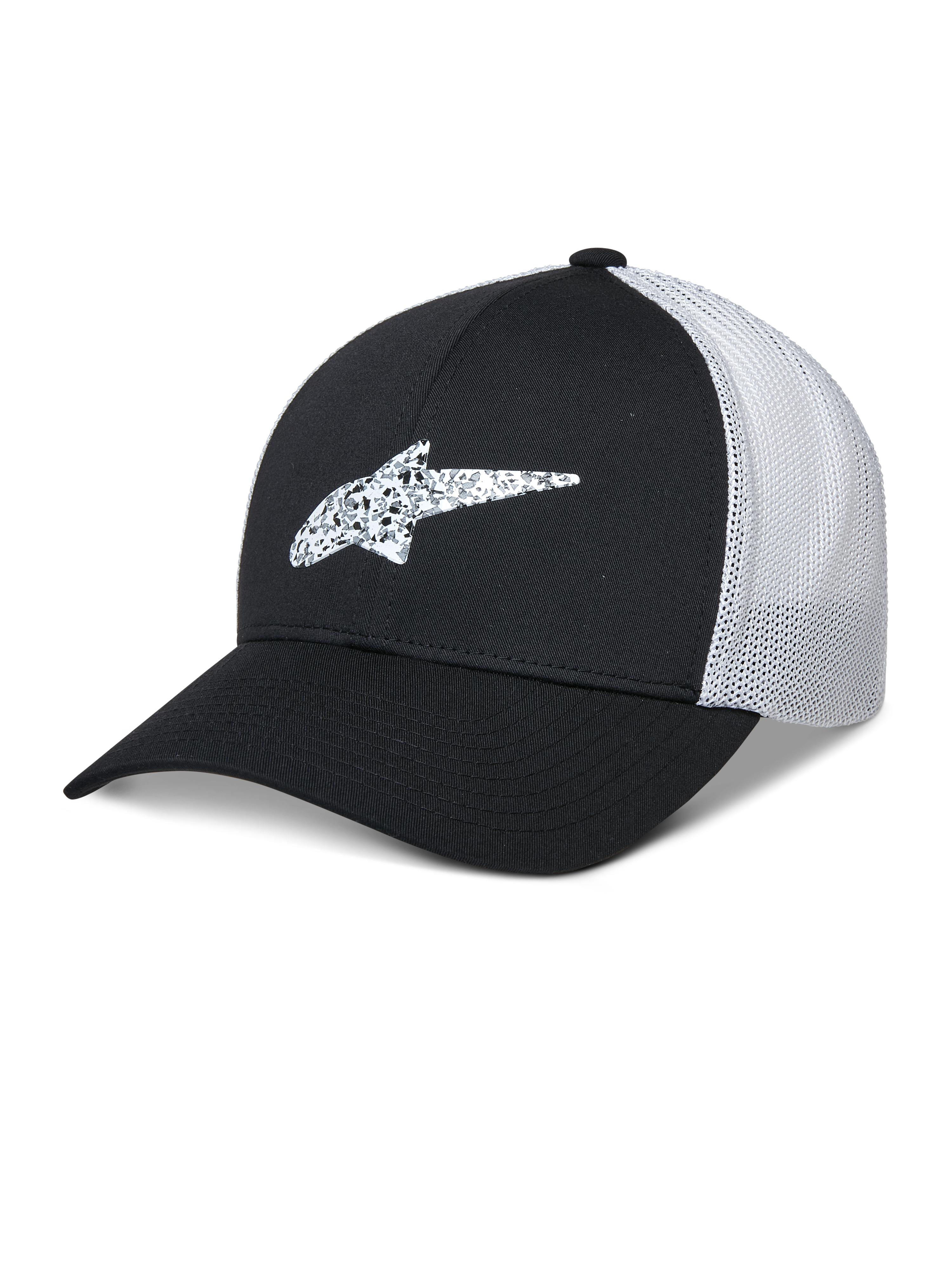 Alpinestars Terolithic Trucker Hat, cappello da baseball nero e bianco con visiera curva, logo a stella in TPU con motivo, pannello posteriore in rete bianca traspirante, design a corona bassa strutturata