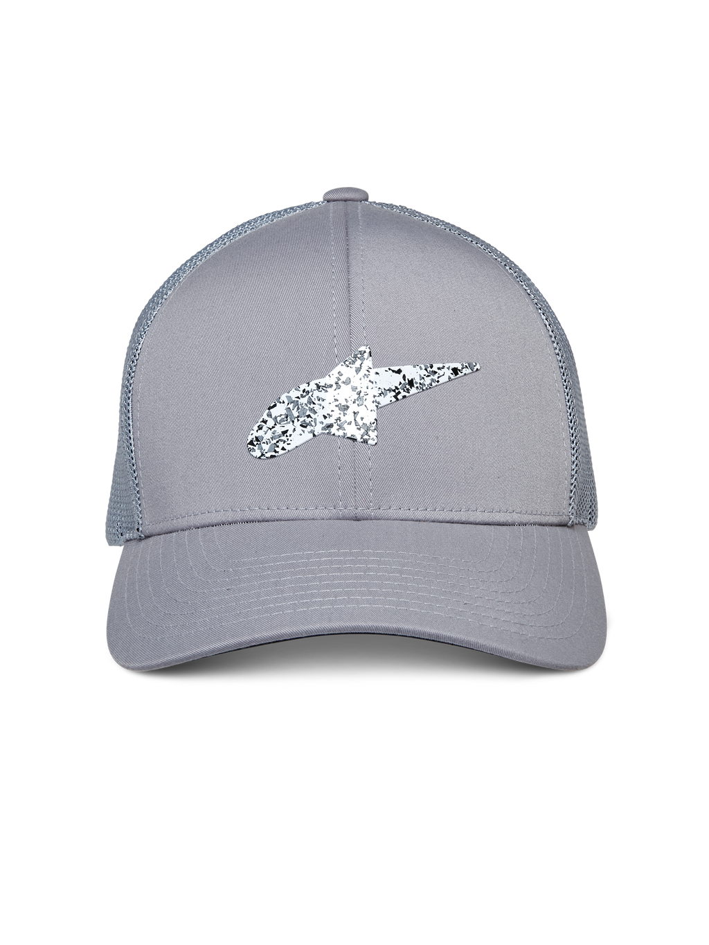Cappello Trucker Alpinestars Terolithic, grigio, con logo Astar puntinato bianco e nero, visiera curva e retro in rete, copricapo casual ispirato al motorsport