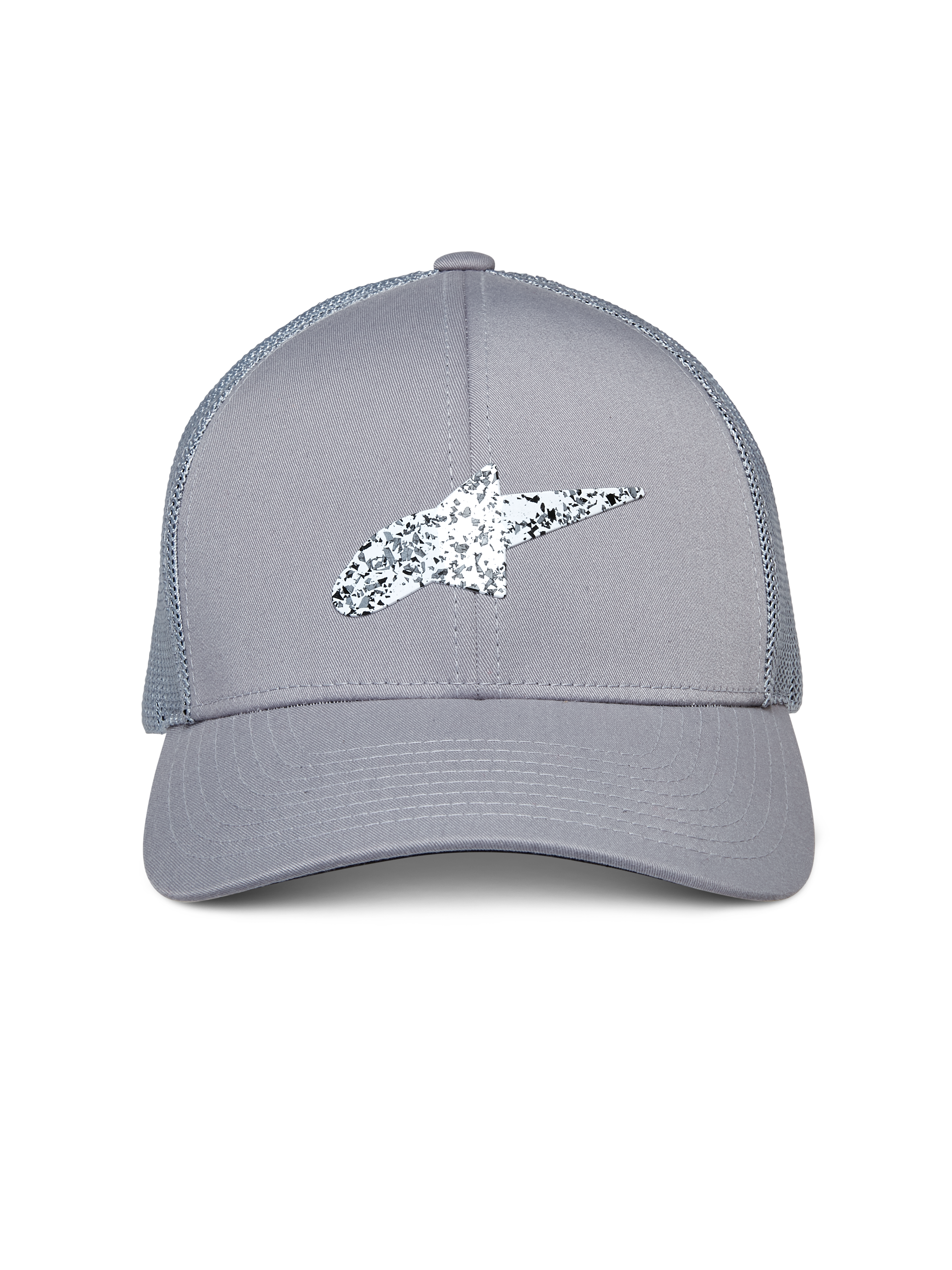 Cappello Trucker Alpinestars Terolithic, grigio, con logo Astar puntinato bianco e nero, visiera curva e retro in rete, copricapo casual ispirato al motorsport