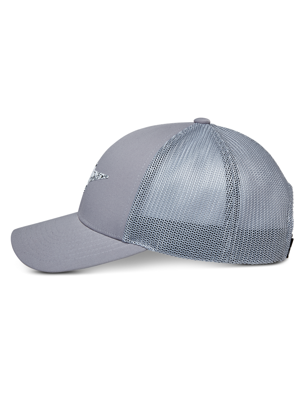 Cappello Trucker Alpinestars Terolithic, grigio, cappello trucker con retro in rete e visiera curva, vista laterale, corona bassa strutturata con dettaglio logo frontale, copricapo casual ispirato al motorsport