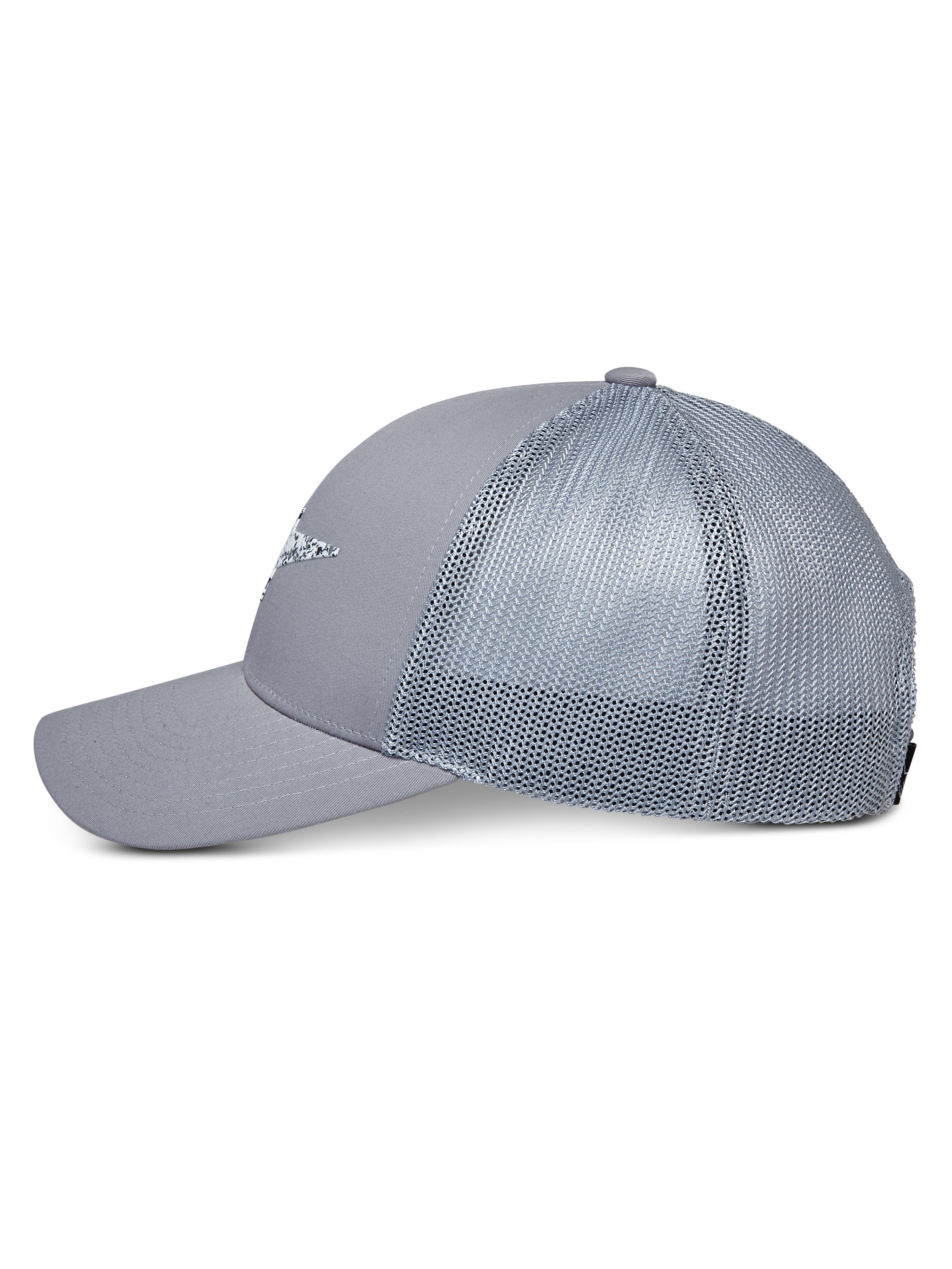 Cappello Trucker Alpinestars Terolithic, grigio, cappello trucker con retro in rete e visiera curva, vista laterale, corona bassa strutturata con dettaglio logo frontale, copricapo casual ispirato al motorsport