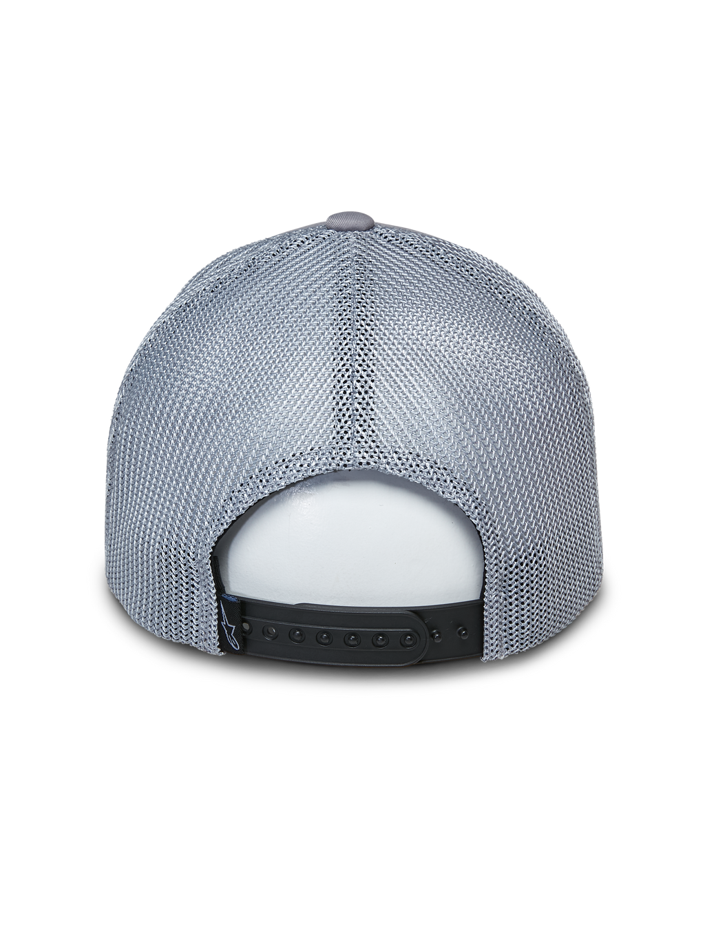 Alpinestars Terolithic Trucker Hat, cappellino trucker grigio, vista posteriore con pannelli in mesh grigio e chiusura snapback nera, copricapo casual ispirato al motorsport