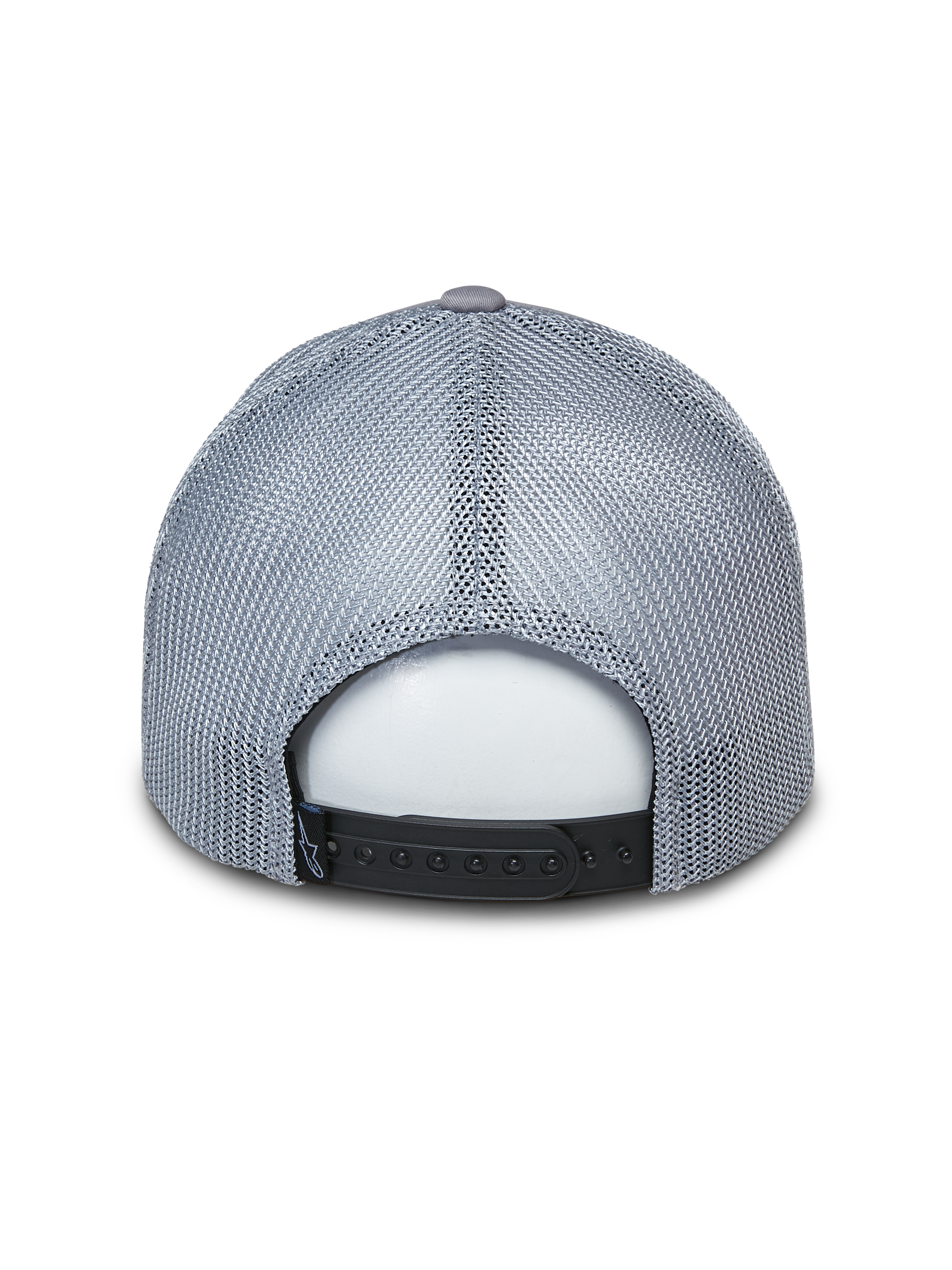 Alpinestars Terolithic Trucker Hat, cappellino trucker grigio, vista posteriore con pannelli in mesh grigio e chiusura snapback nera, copricapo casual ispirato al motorsport