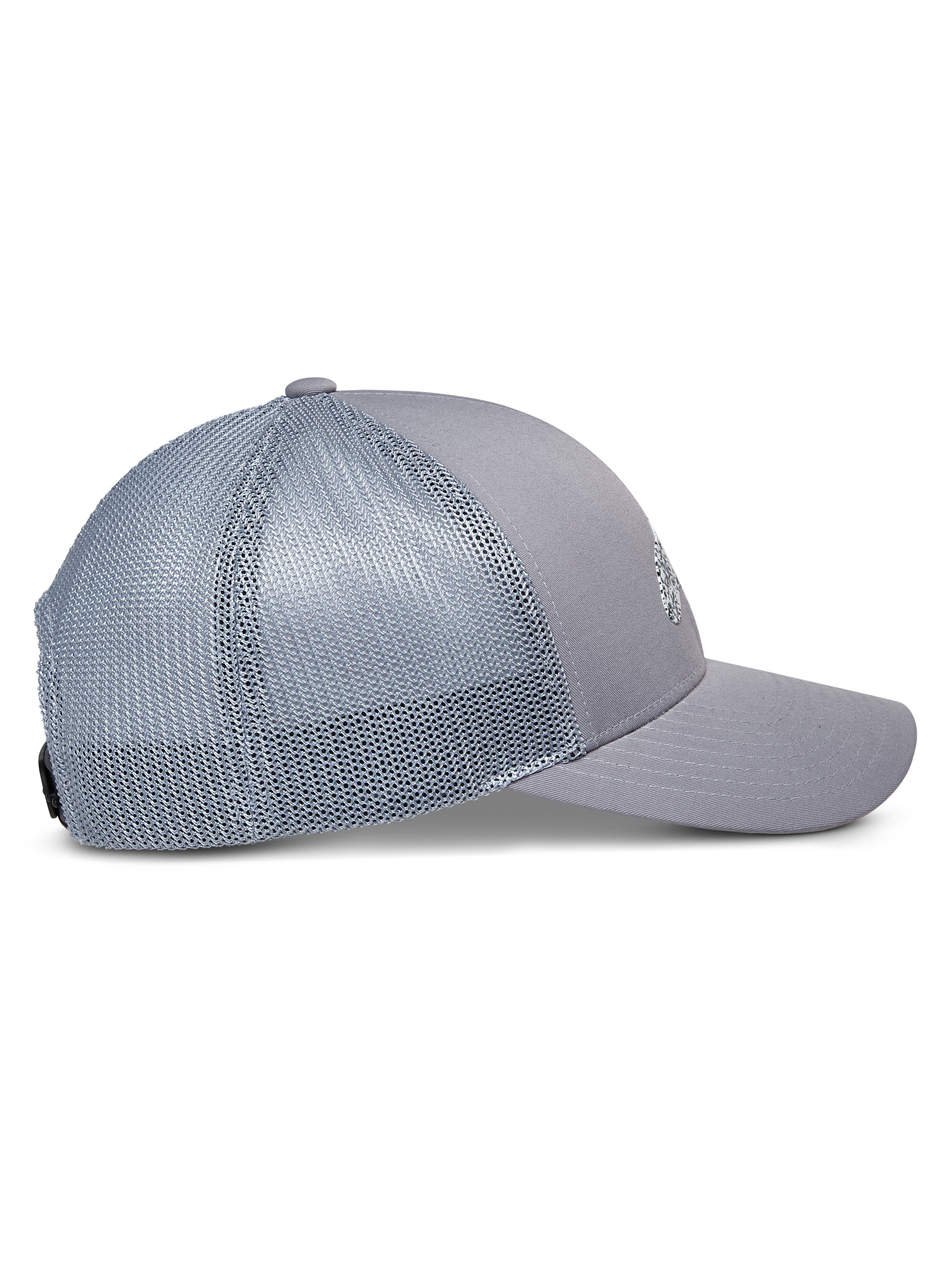 Cappello Trucker Alpinestars Terolithic, Grigio, vista laterale di profilo con visiera curva e pannelli posteriori in rete, corona bassa strutturata, sportswear casual