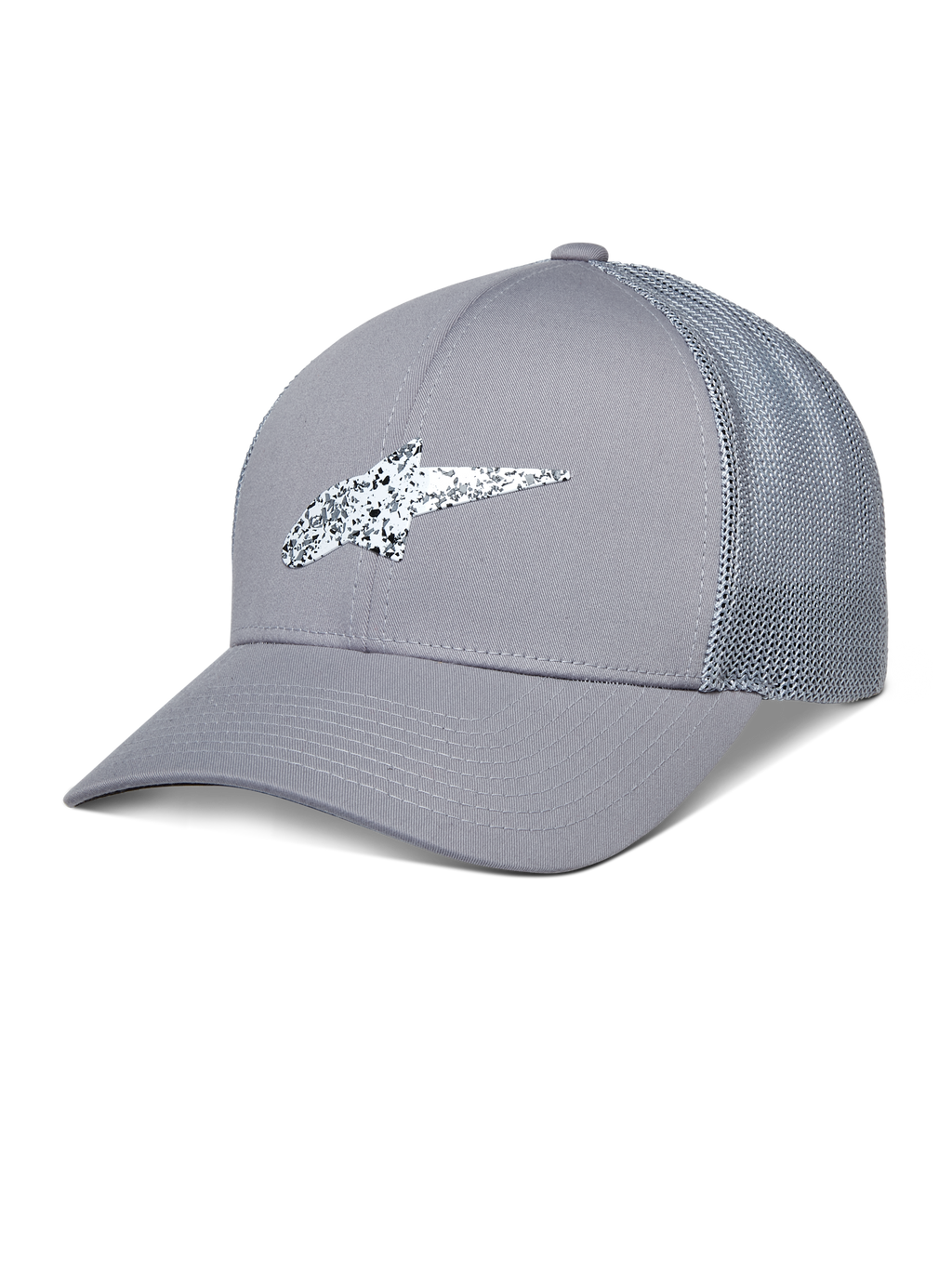 Alpinestars Terolithic Trucker Hat, cappellino trucker grigio, visiera curva con retro in rete, logo in TPU a macchie bianche e nere, abbigliamento sportivo casual
