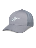 Alpinestars Terolithic Trucker Hat, cappellino trucker grigio, visiera curva con retro in rete, logo in TPU a macchie bianche e nere, abbigliamento sportivo casual