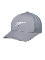Alpinestars Terolithic Trucker Hat, cappellino trucker grigio, visiera curva con retro in rete, logo in TPU a macchie bianche e nere, abbigliamento sportivo casual