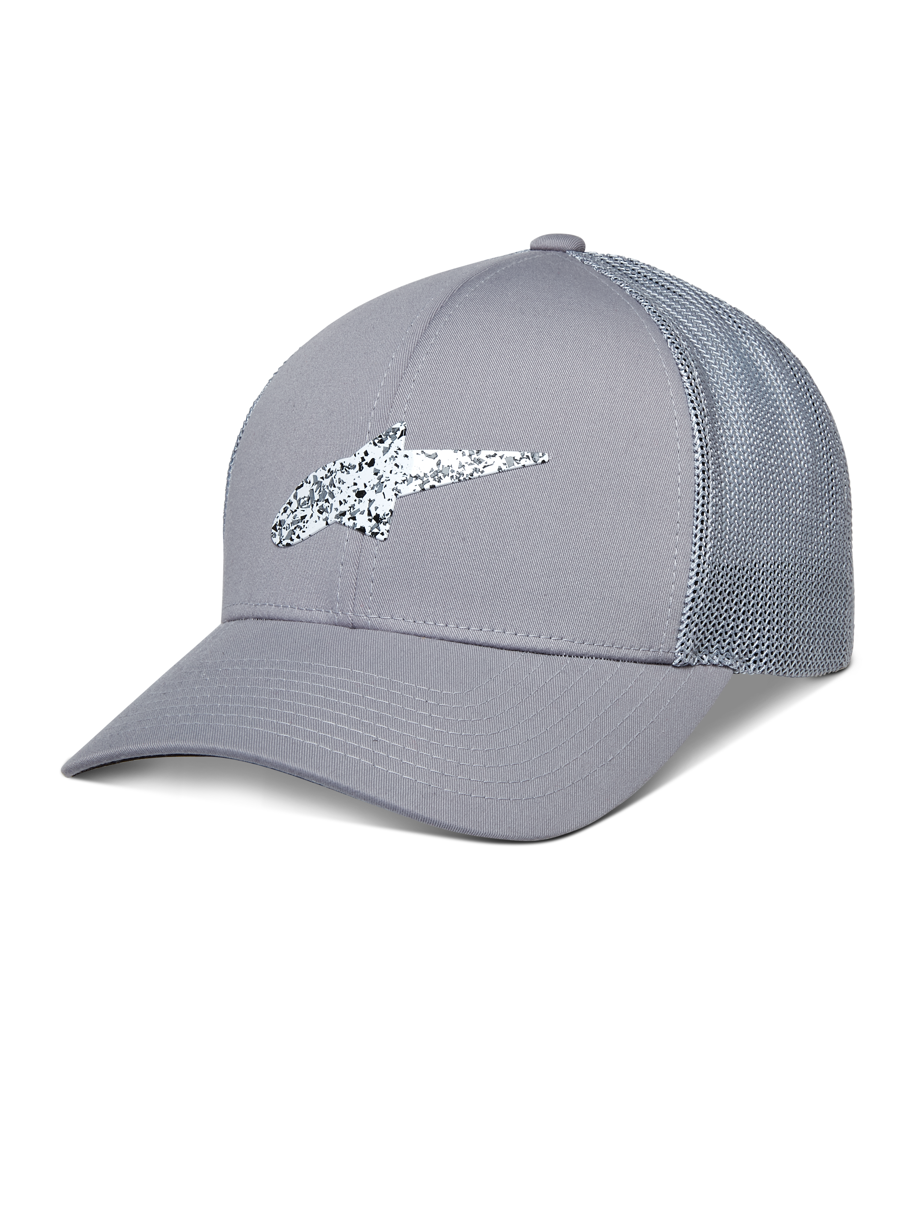Alpinestars Terolithic Trucker Hat, cappellino trucker grigio, visiera curva con retro in rete, logo in TPU a macchie bianche e nere, abbigliamento sportivo casual