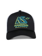 Alpinestars Ayess Trucker Hat, cappellino snapback, nero e bianco, grafica Alpinestars Racing verde acqua e gialla sulla corona in schiuma, visiera curva e retro in rete bianca, design casual ispirato al motorsport