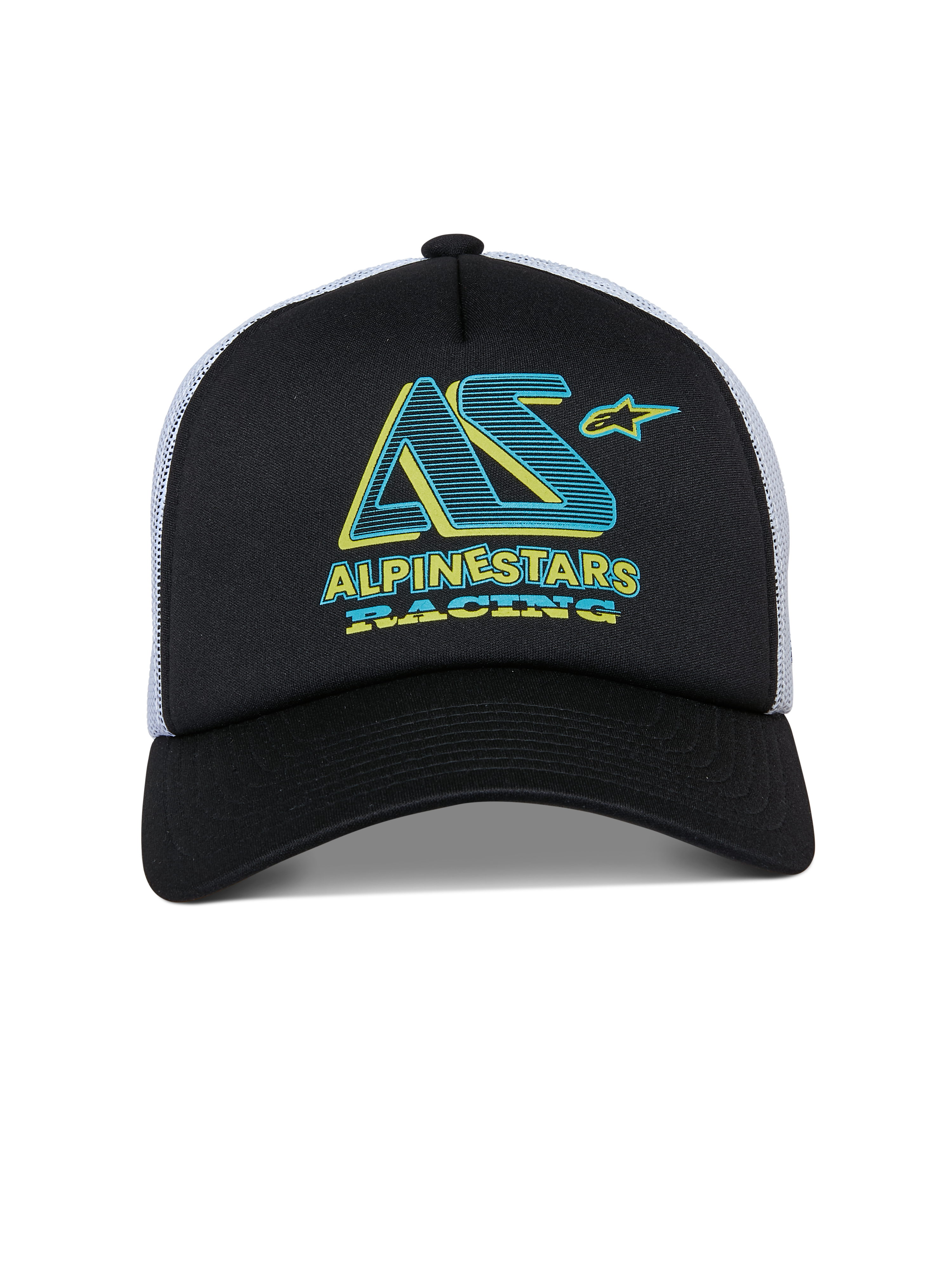 Alpinestars Ayess Trucker Hat, cappellino snapback, nero e bianco, grafica Alpinestars Racing verde acqua e gialla sulla corona in schiuma, visiera curva e retro in rete bianca, design casual ispirato al motorsport