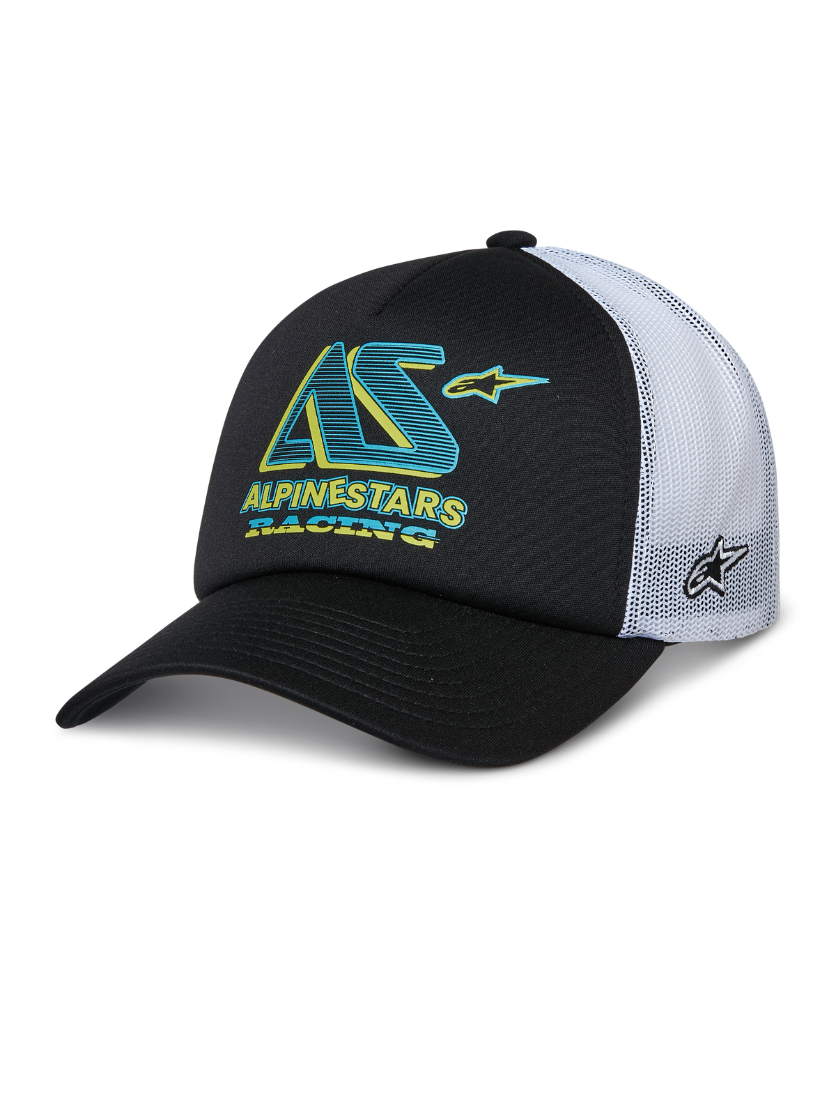 Alpinestars Ayess Trucker Hat, cappellino trucker nero e bianco, visiera curva, pannelli posteriori in rete bianca, logo AS verde acqua e giallo con scritta Alpinestars Racing, logo laterale a stella sulla rete, abbigliamento sportivo casual motorsport