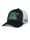 Alpinestars Ayess Trucker Hat, cappellino trucker nero e bianco, visiera curva, pannelli posteriori in rete bianca, logo AS verde acqua e giallo con scritta Alpinestars Racing, logo laterale a stella sulla rete, abbigliamento sportivo casual motorsport