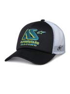 Alpinestars Ayess Trucker Hat, cappellino trucker nero e bianco, visiera curva, pannelli posteriori in rete bianca, logo AS verde acqua e giallo con scritta Alpinestars Racing, logo laterale a stella sulla rete, abbigliamento sportivo casual motorsport