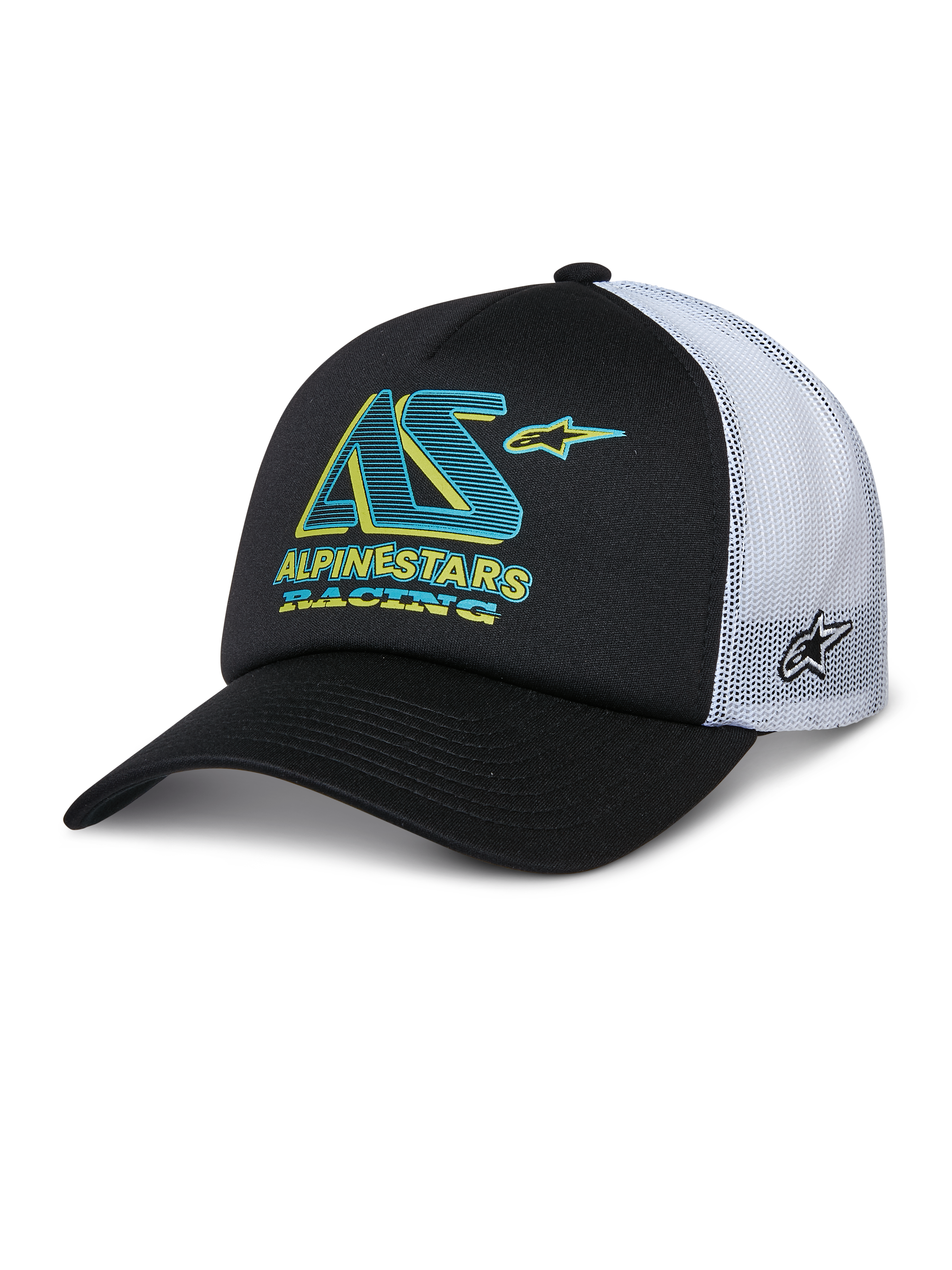 Alpinestars Ayess Trucker Hat, cappellino trucker nero e bianco, visiera curva, pannelli posteriori in rete bianca, logo AS verde acqua e giallo con scritta Alpinestars Racing, logo laterale a stella sulla rete, abbigliamento sportivo casual motorsport