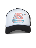 Cappello Trucker Alpinestars Ayess, cappellino trucker bianco e nero, pannello frontale in schiuma bianca con visiera curva nera e retro in rete, logo AS stilizzato e logo Alpinestars Racing in rosso e blu, streetwear casual ispirato al motorsport