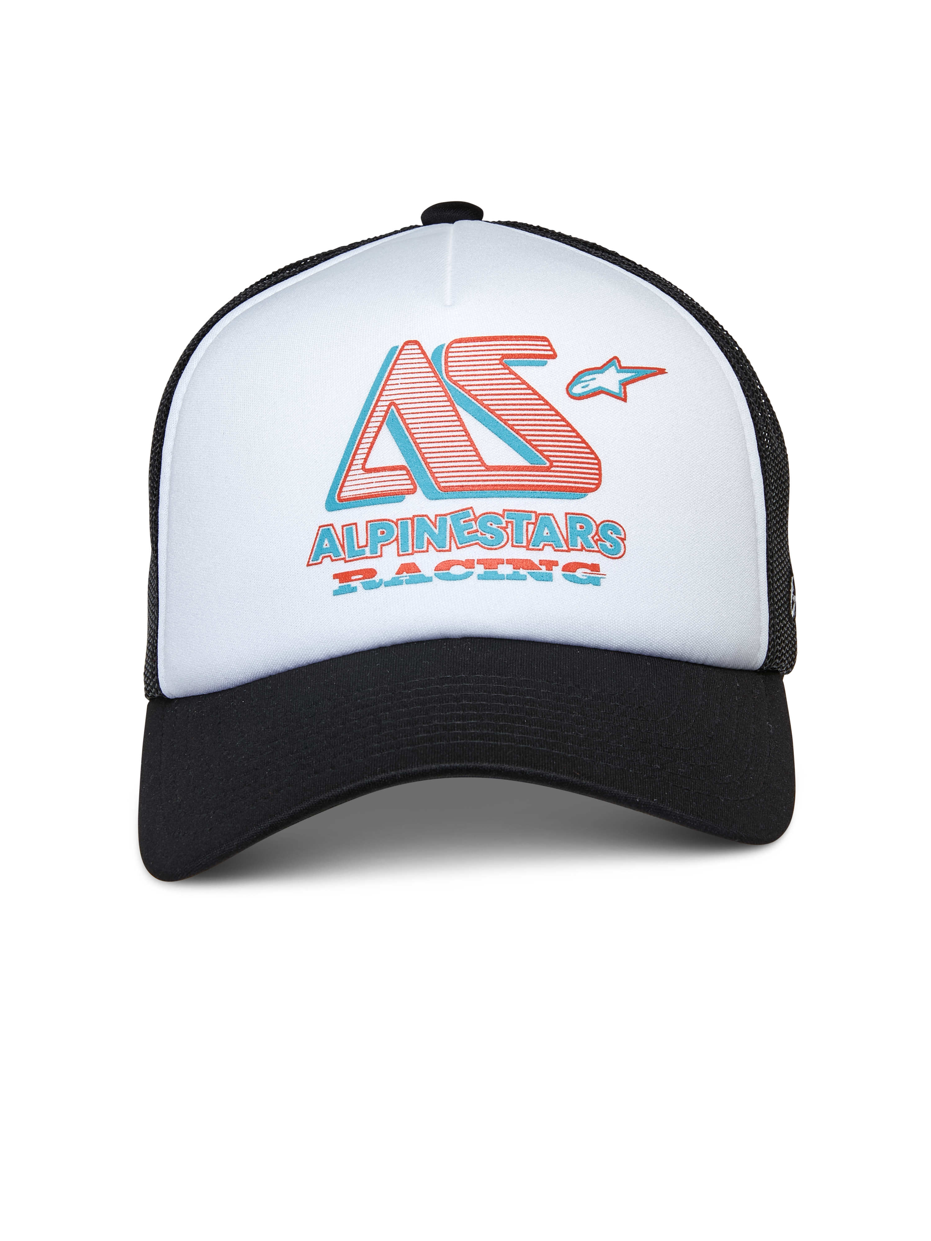 Cappello Trucker Alpinestars Ayess, cappellino trucker bianco e nero, pannello frontale in schiuma bianca con visiera curva nera e retro in rete, logo AS stilizzato e logo Alpinestars Racing in rosso e blu, streetwear casual ispirato al motorsport