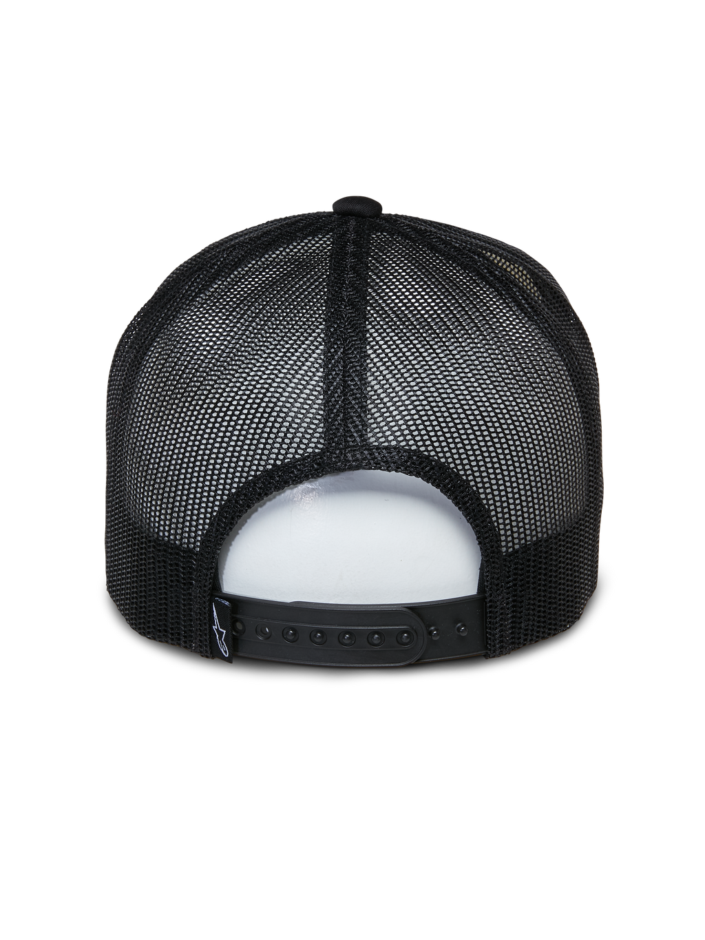 Cappello Trucker Alpinestars Ayess, cappello casual sportswear, bianco e nero, vista posteriore con pannelli in rete traspirante nera e chiusura snapback regolabile, design classico da trucker con corona in schiuma