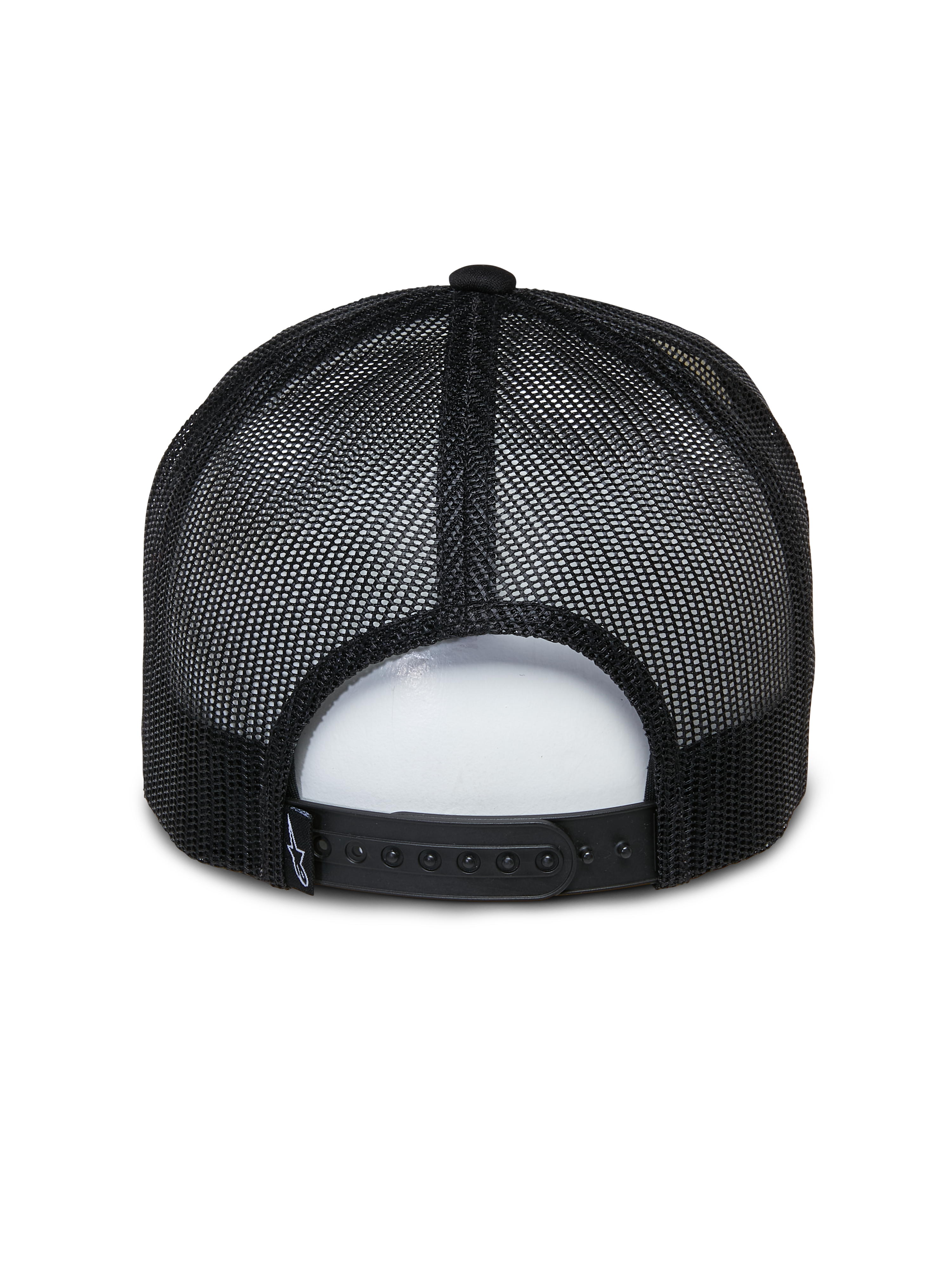 Cappello Trucker Alpinestars Ayess, cappello casual sportswear, bianco e nero, vista posteriore con pannelli in rete traspirante nera e chiusura snapback regolabile, design classico da trucker con corona in schiuma