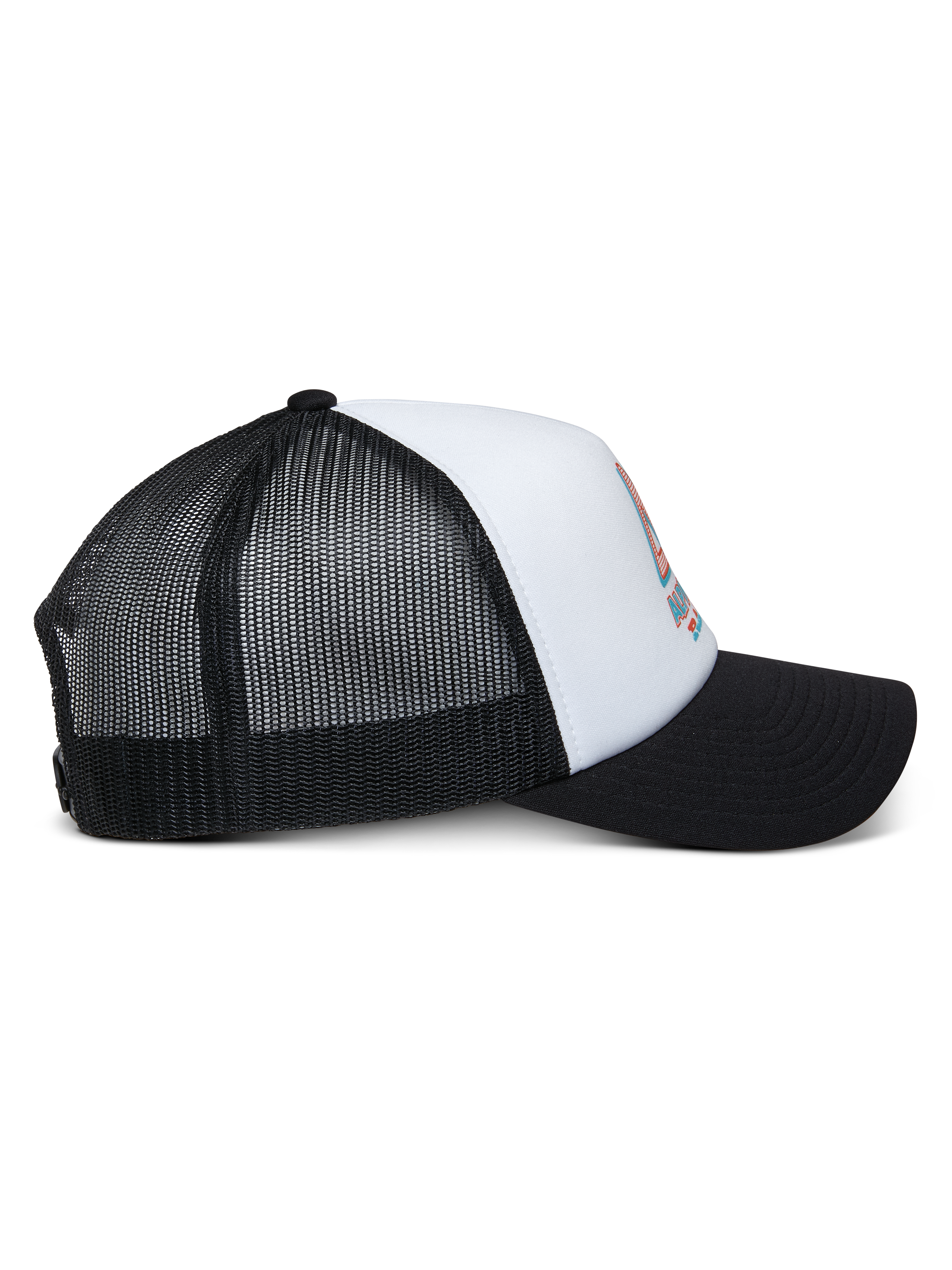 Cappello Trucker Alpinestars Ayess, bianco e nero, vista laterale con visiera nera curva, corona in schiuma bianca con logo stampato sul davanti e retro in rete nera traspirante, copricapo casual da motorsport