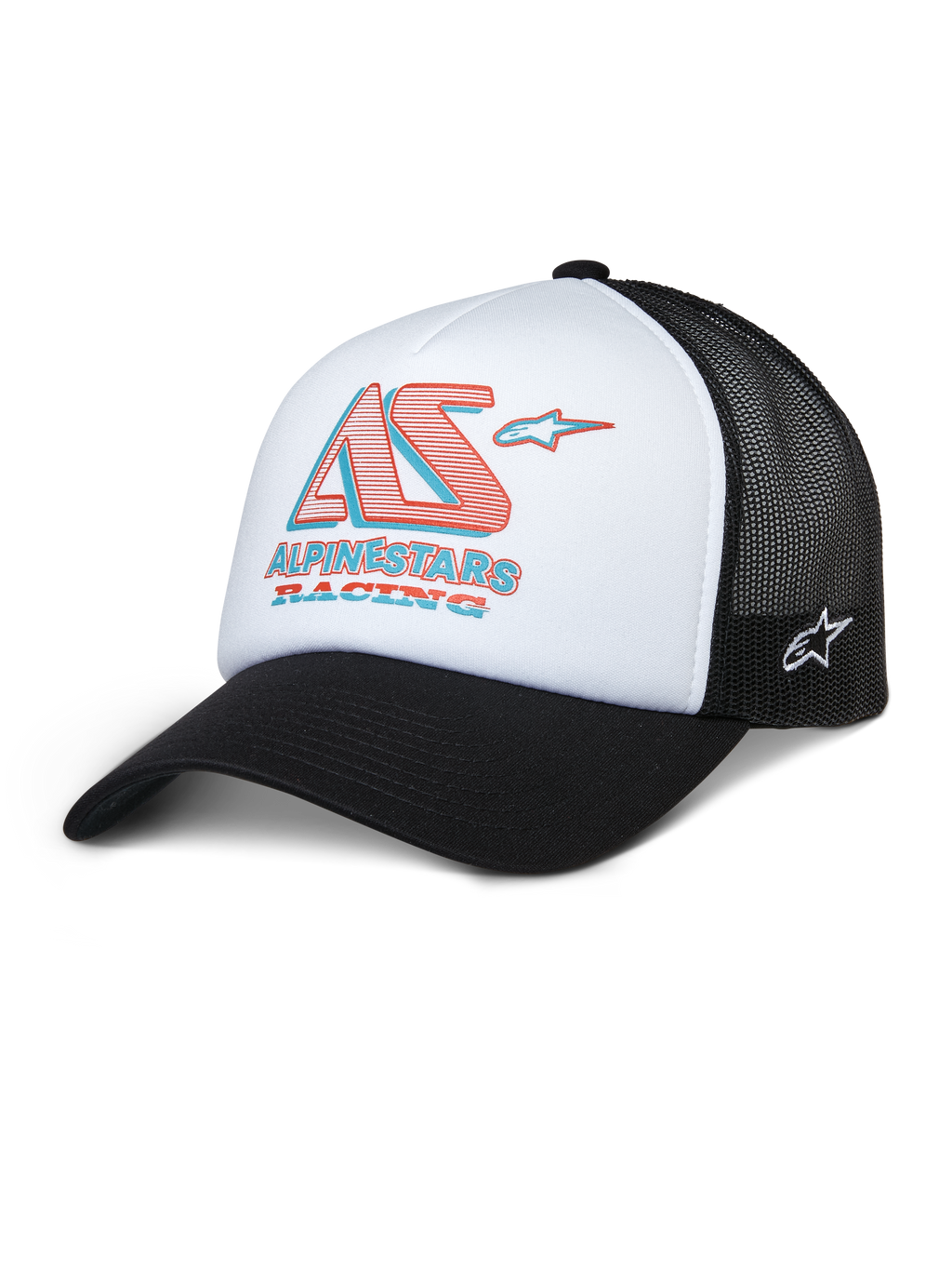 Alpinestars Ayess Trucker Hat, cappello in rete bianco e nero con logo AS Racing rosso e blu, visiera curva, copricapo sportivo casual
