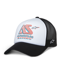 Alpinestars Ayess Trucker Hat, cappello in rete bianco e nero con logo AS Racing rosso e blu, visiera curva, copricapo sportivo casual