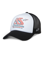 Alpinestars Ayess Trucker Hat, cappello in rete bianco e nero con logo AS Racing rosso e blu, visiera curva, copricapo sportivo casual