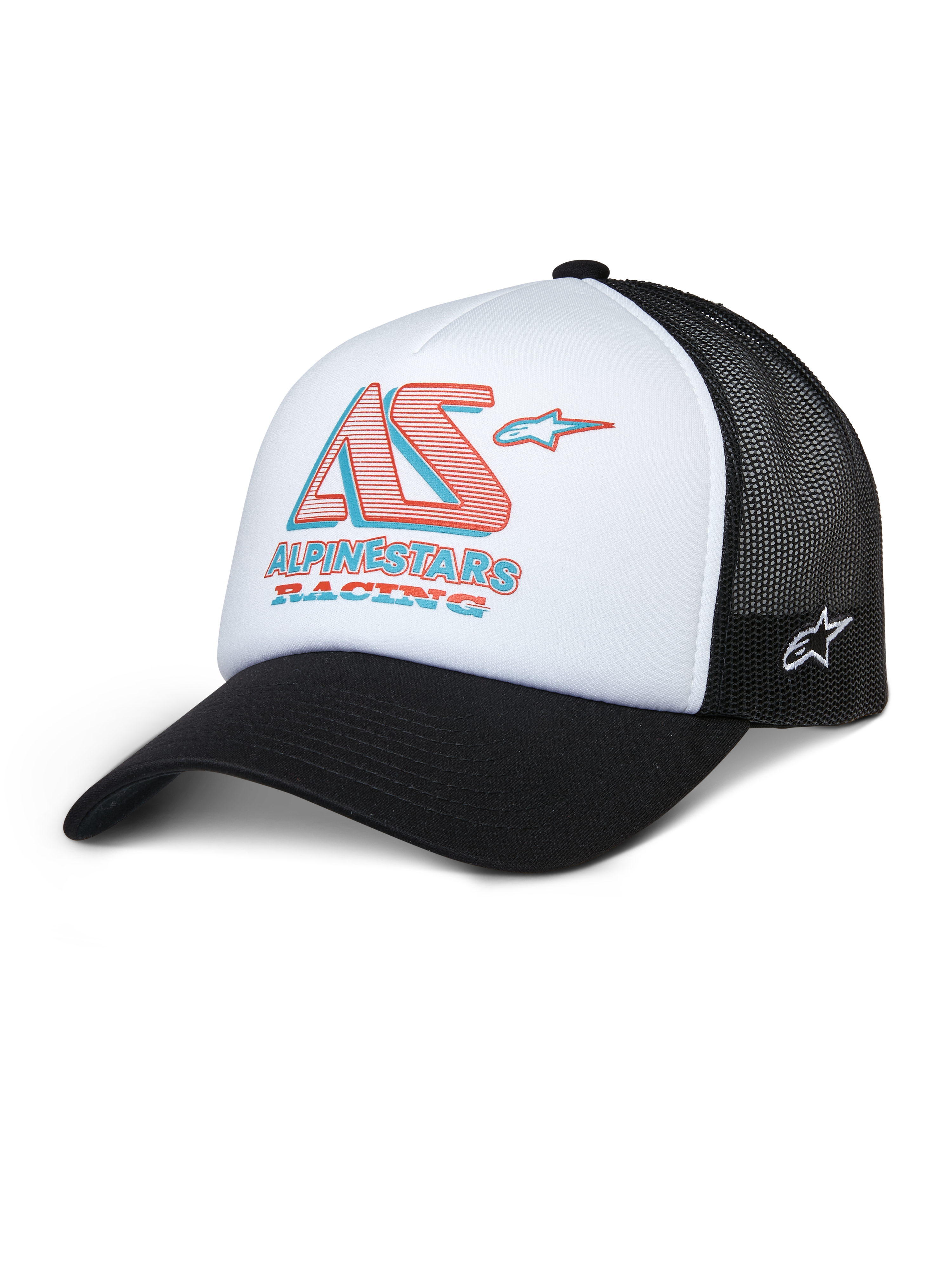Alpinestars Ayess Trucker Hat, cappello in rete bianco e nero con logo AS Racing rosso e blu, visiera curva, copricapo sportivo casual