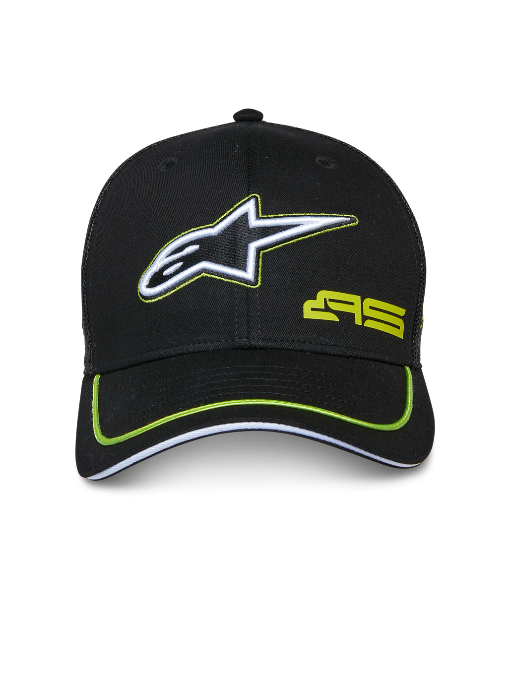 Cappello Trucker Alpinestars Exceed, nero con dettagli verde lime, logo a stella ricamato bianco e nero, logo AS verde lime, visiera curva con bordino neon, copricapo casual ispirato al motorsport