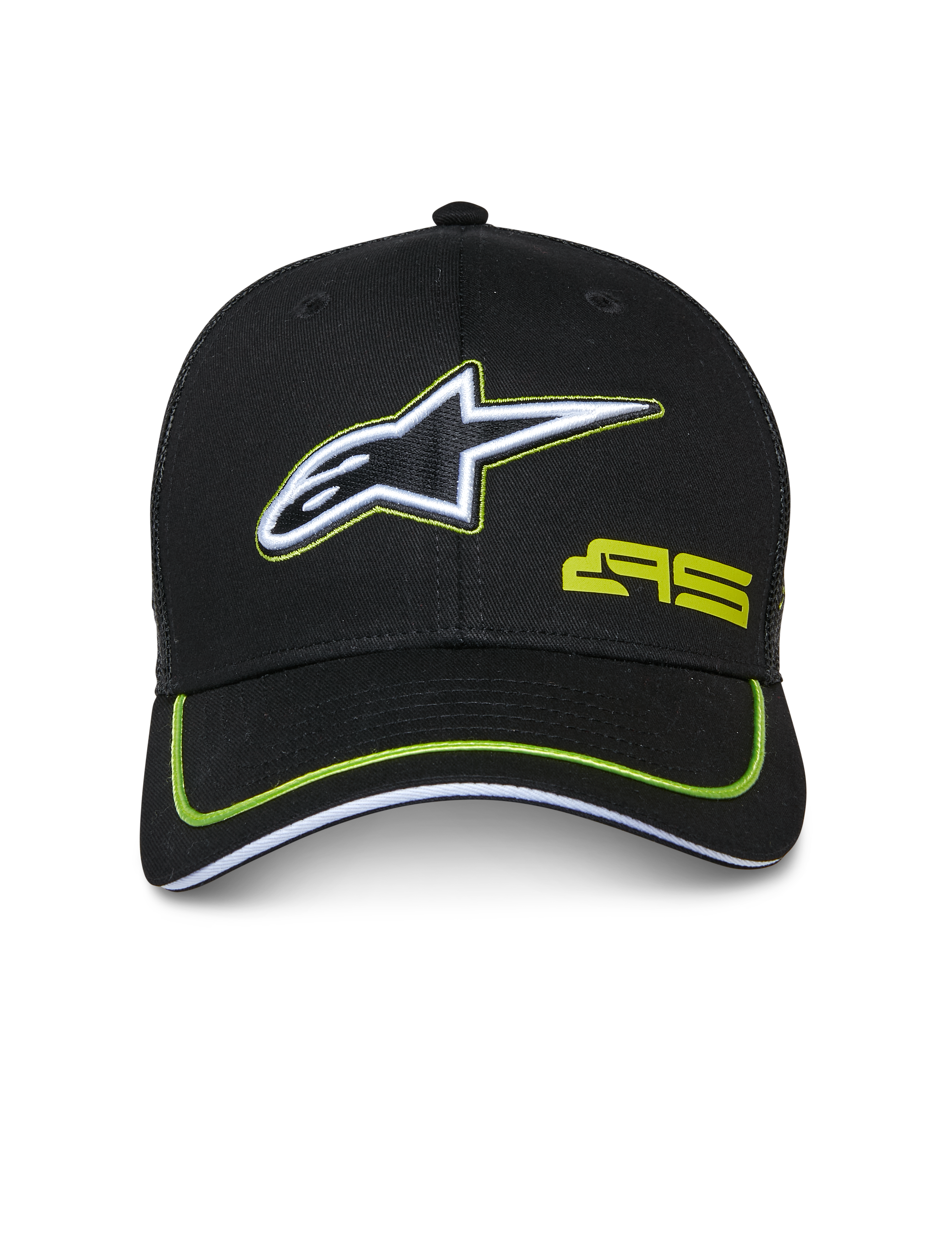 Cappello Trucker Alpinestars Exceed, nero con dettagli verde lime, logo a stella ricamato bianco e nero, logo AS verde lime, visiera curva con bordino neon, copricapo casual ispirato al motorsport