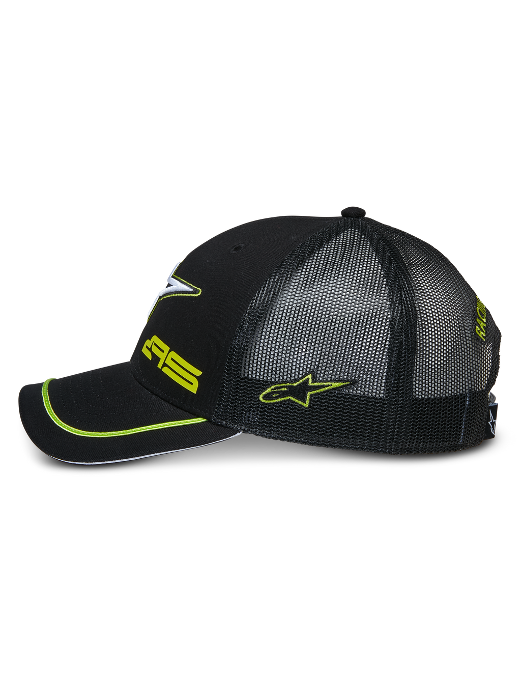 Alpinestars Exceed Trucker Hat, profilo laterale di un cappellino snapback nero, con retro in rete nera, visiera curva con bordino verde neon, loghi ricamati verde neon, copricapo casual motorsport