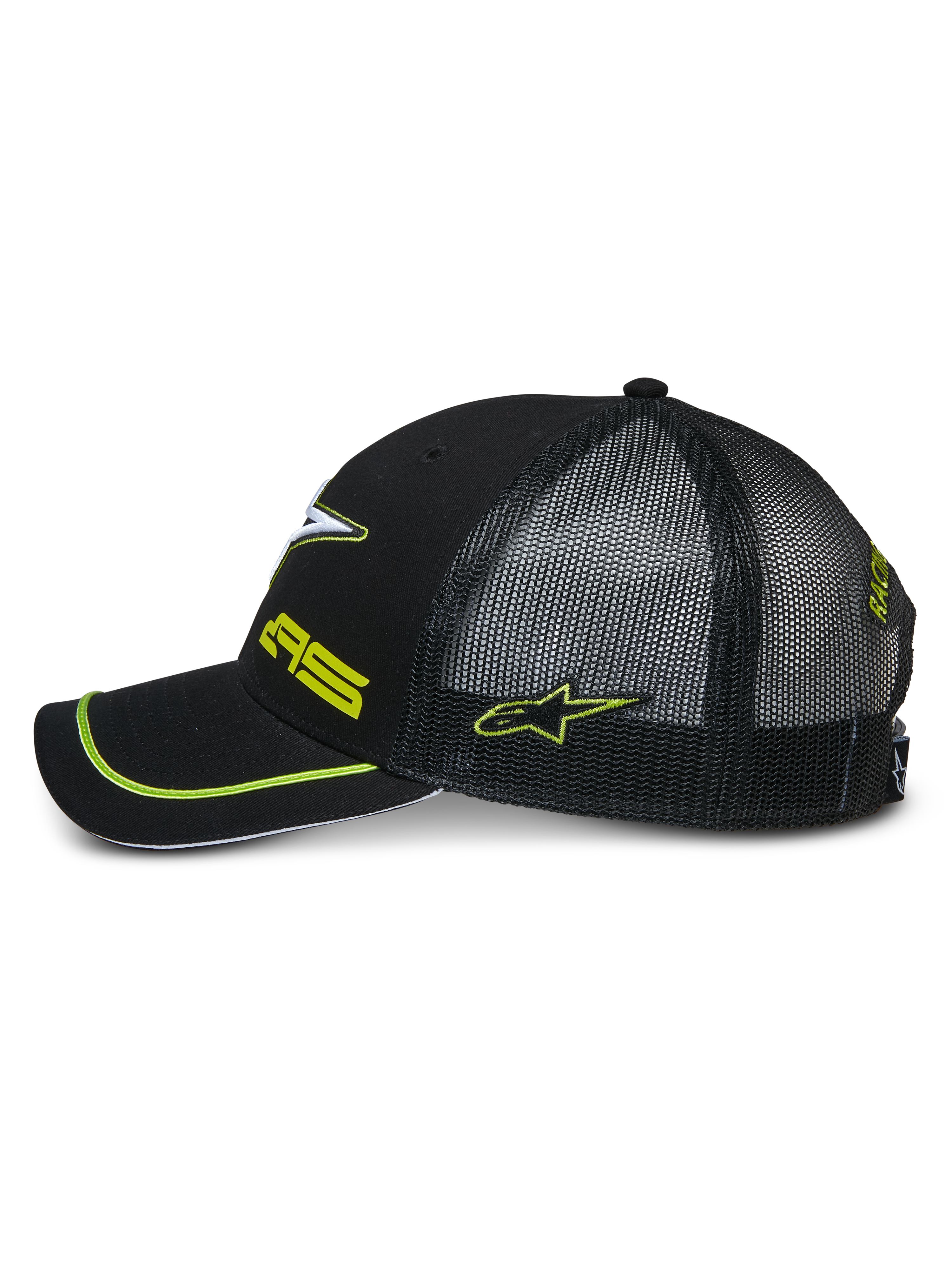 Alpinestars Exceed Trucker Hat, profilo laterale di un cappellino snapback nero, con retro in rete nera, visiera curva con bordino verde neon, loghi ricamati verde neon, copricapo casual motorsport