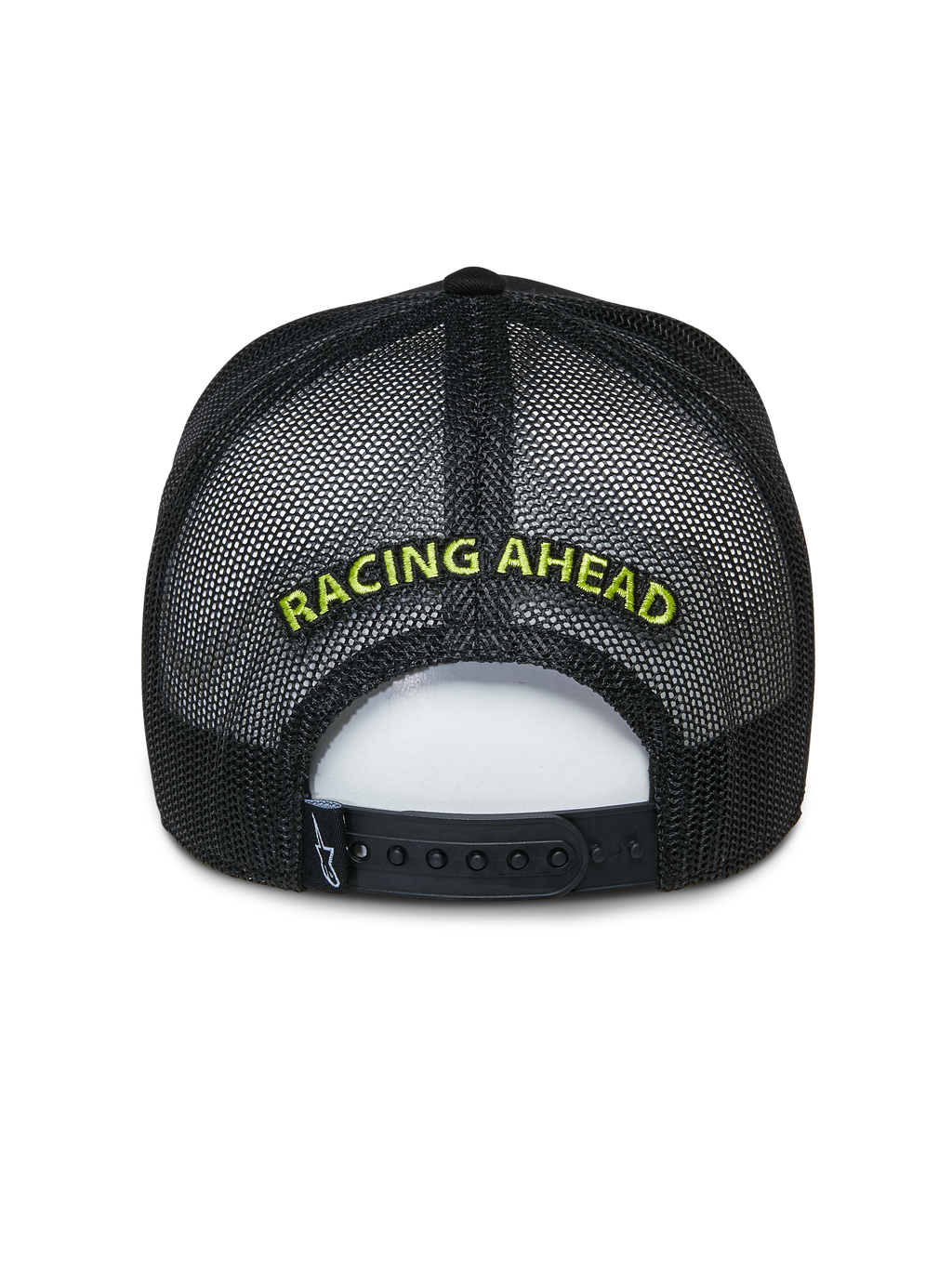 Cappello Trucker Alpinestars Exceed, cappellino trucker nero, vista posteriore con pannelli in rete e chiusura snapback, ricamo 'RACING AHEAD' in verde lime, copricapo casual ispirato al motorsport