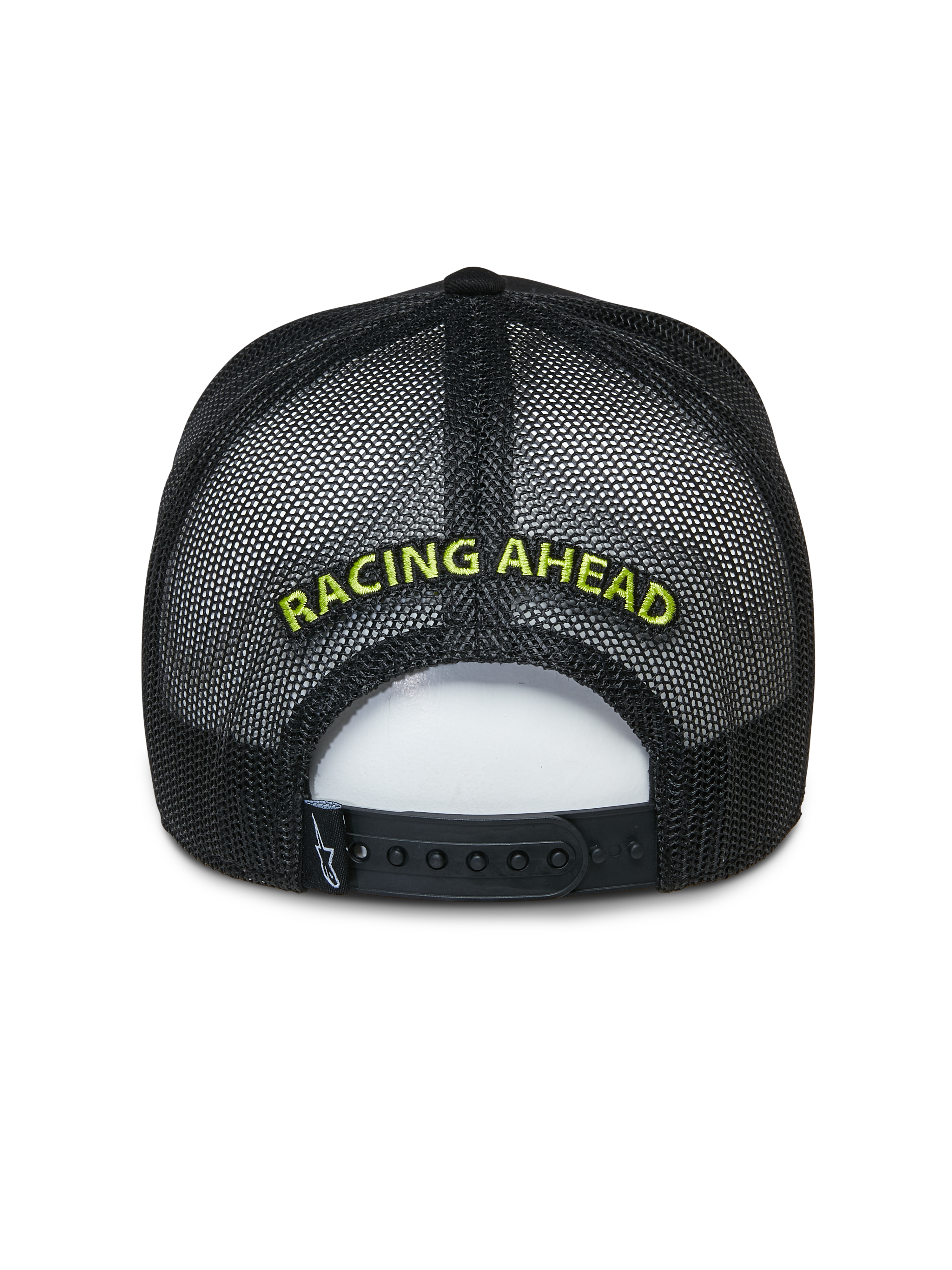 Cappello Trucker Alpinestars Exceed, cappellino trucker nero, vista posteriore con pannelli in rete e chiusura snapback, ricamo 'RACING AHEAD' in verde lime, copricapo casual ispirato al motorsport