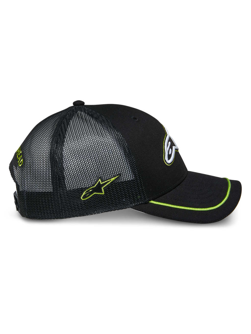 Cappello Trucker Alpinestars Exceed, vista laterale, nero con accenti verde lime, pannelli posteriori in rete, visiera curva con bordo sutache verde lime, logo laterale ricamato, copricapo casual motorsport
