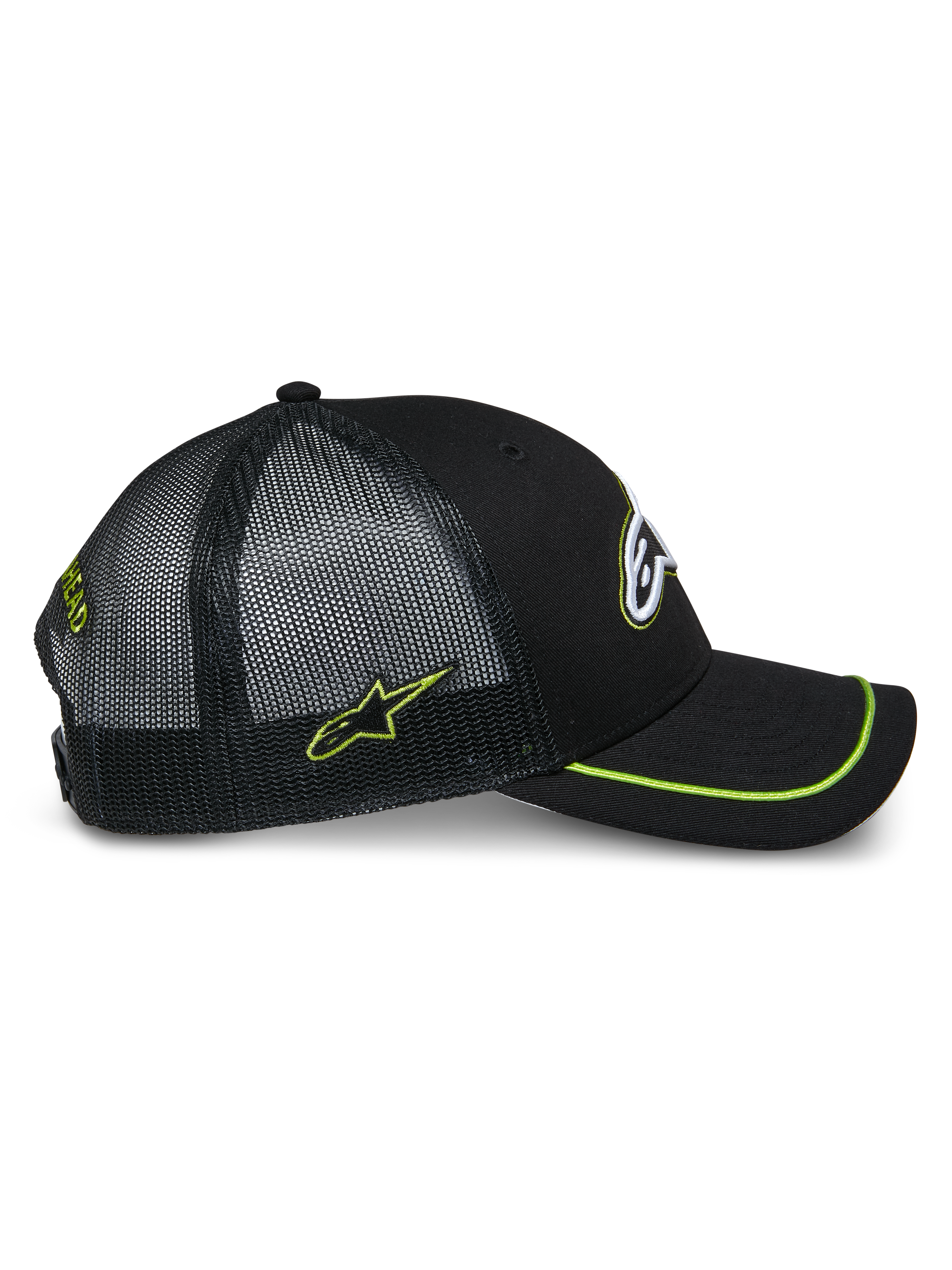 Cappello Trucker Alpinestars Exceed, vista laterale, nero con accenti verde lime, pannelli posteriori in rete, visiera curva con bordo sutache verde lime, logo laterale ricamato, copricapo casual motorsport