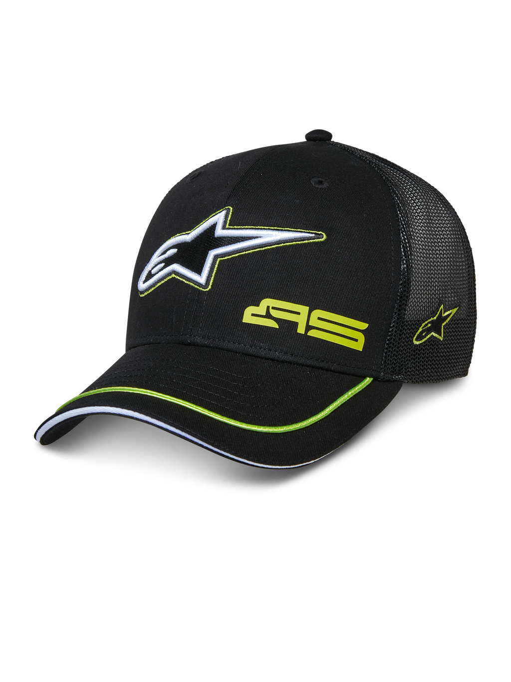 Alpinestars Exceed Trucker Hat, cappellino trucker nero con frontale strutturato e retro in rete, logo Astars ricamato bianco e verde lime, marchio AS sulla corona, visiera curva con profilo verde lime, copricapo casual motorsport