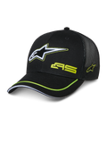 Alpinestars Exceed Trucker Hat, cappellino trucker nero con frontale strutturato e retro in rete, logo Astars ricamato bianco e verde lime, marchio AS sulla corona, visiera curva con profilo verde lime, copricapo casual motorsport