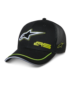 Alpinestars Exceed Trucker Hat, cappellino trucker nero con frontale strutturato e retro in rete, logo Astars ricamato bianco e verde lime, marchio AS sulla corona, visiera curva con profilo verde lime, copricapo casual motorsport