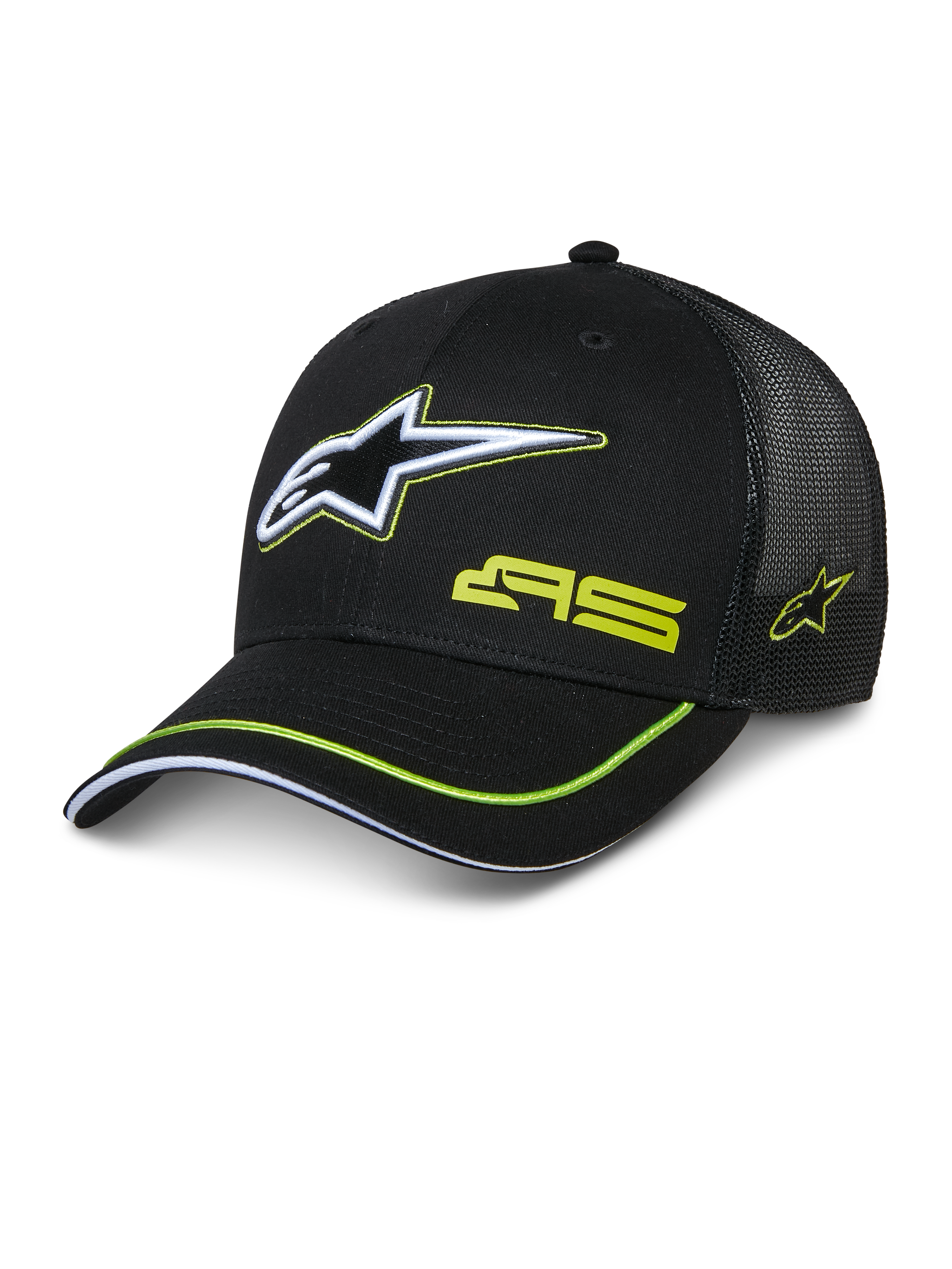 Alpinestars Exceed Trucker Hat, cappellino trucker nero con frontale strutturato e retro in rete, logo Astars ricamato bianco e verde lime, marchio AS sulla corona, visiera curva con profilo verde lime, copricapo casual motorsport